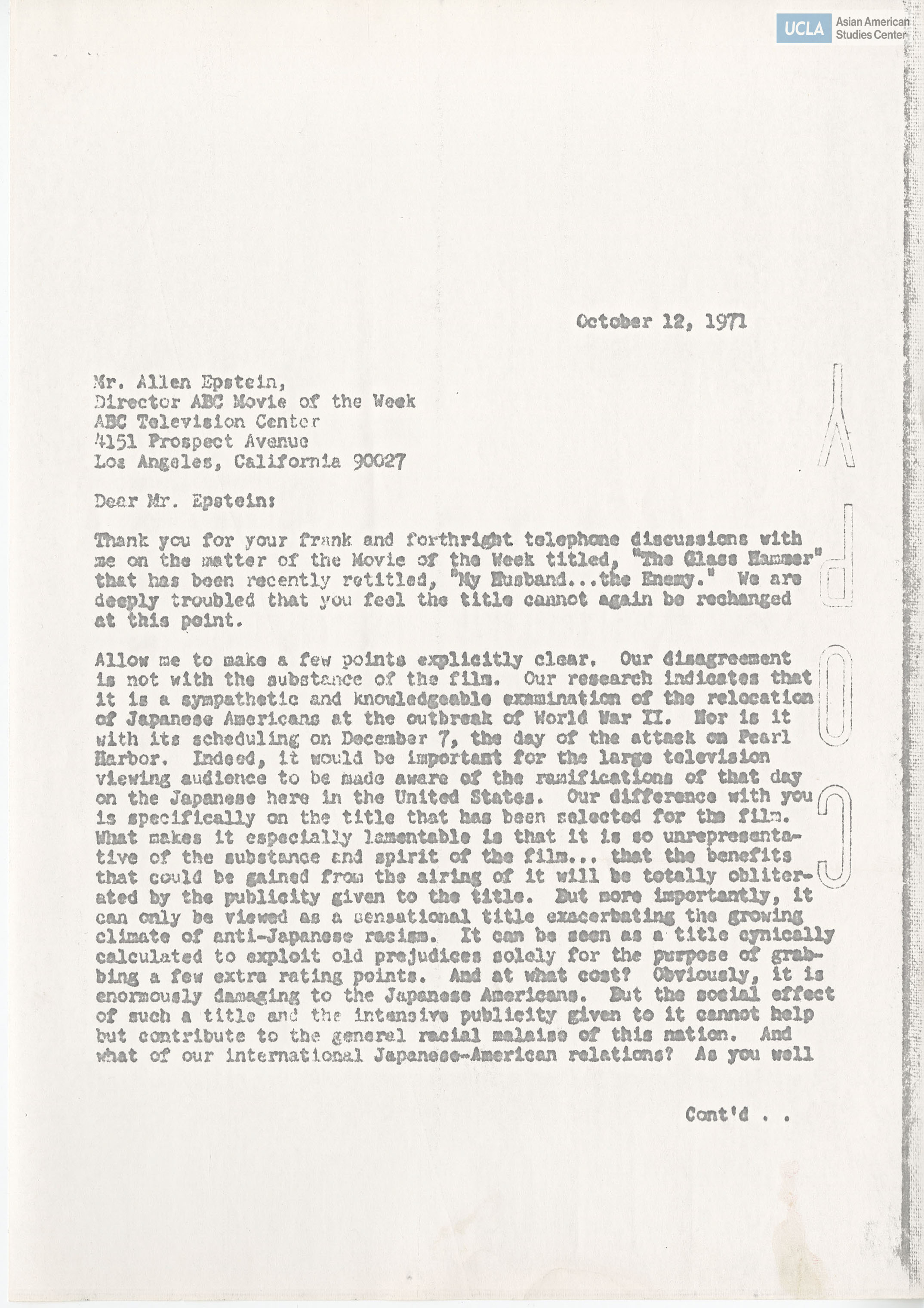 Letter addressed to Allen Epstein, Director of ABC Movie of the Week, regarding the negative implications of a movie titled, 