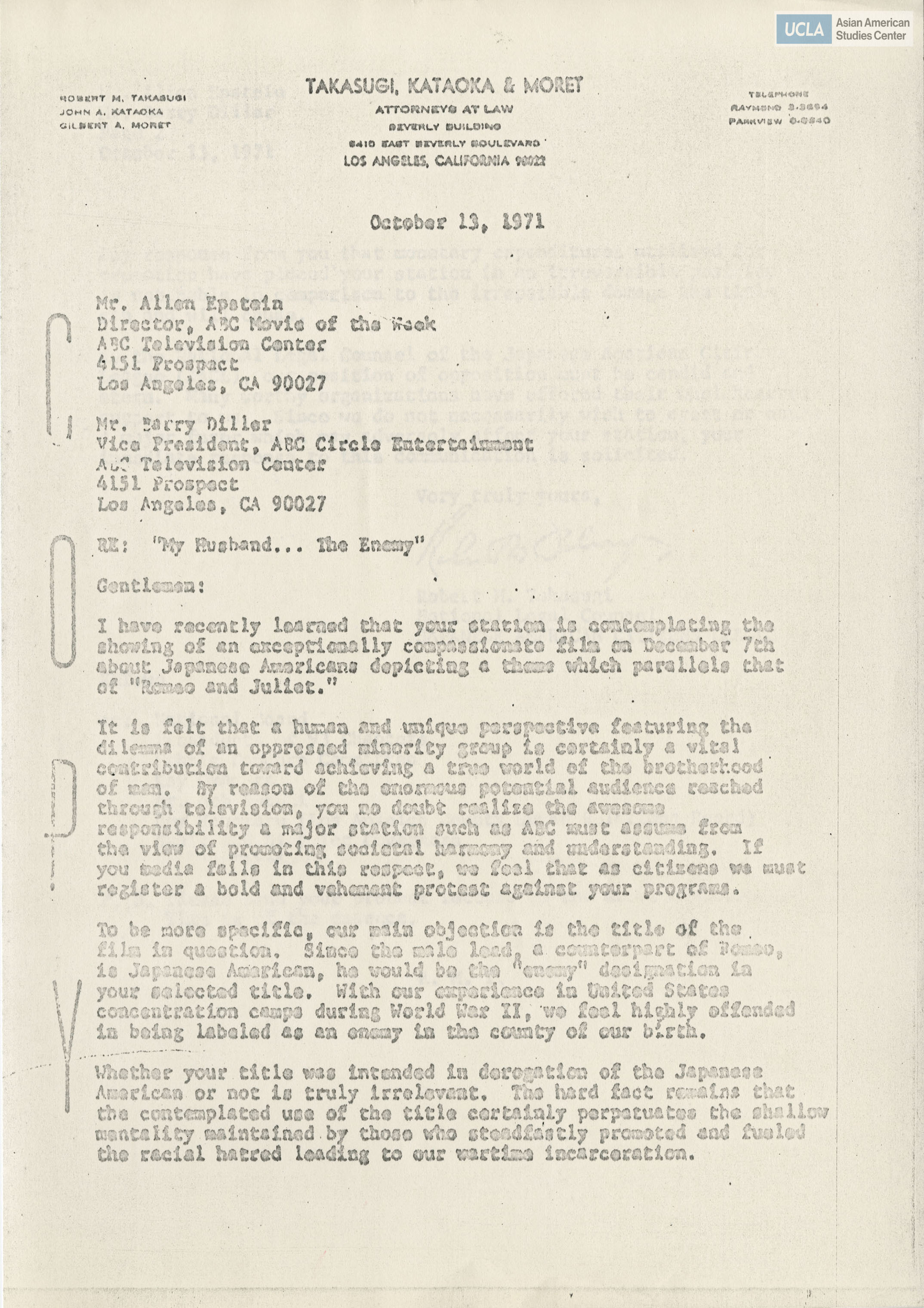 Letter addressed to Allen Epstein, Director of ABC Movie of the Week regarding the negative implications of a film titled, 