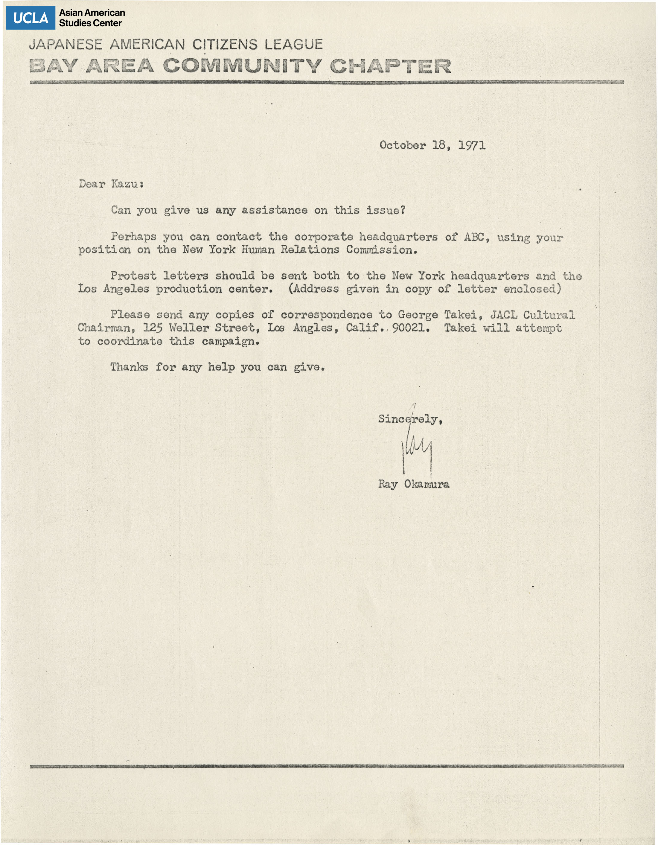 Letter addressed to Ray Okamura regarding providing assistance.