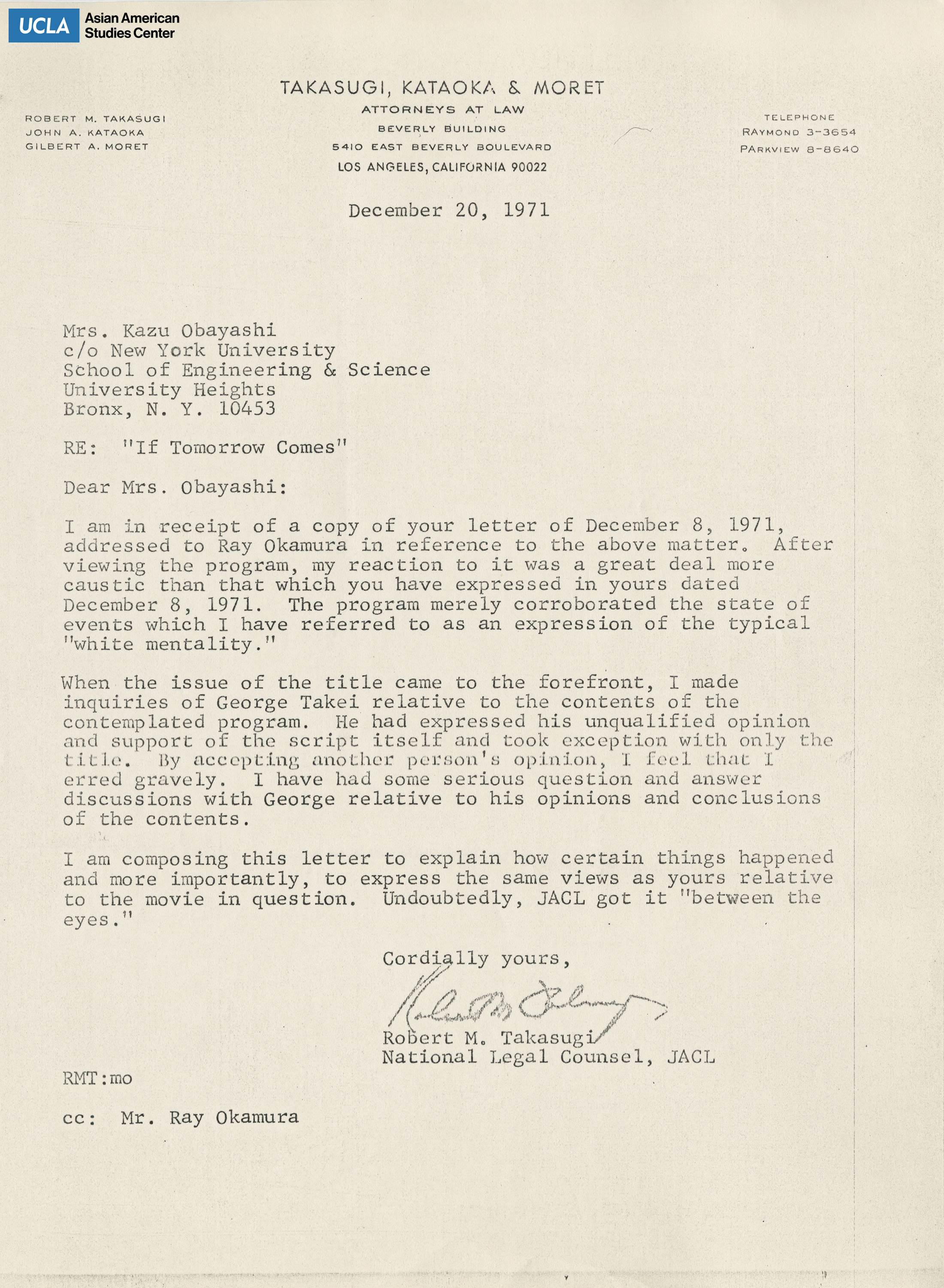Letter addressed to Kazu Obayashi regarding a TV film titled, 