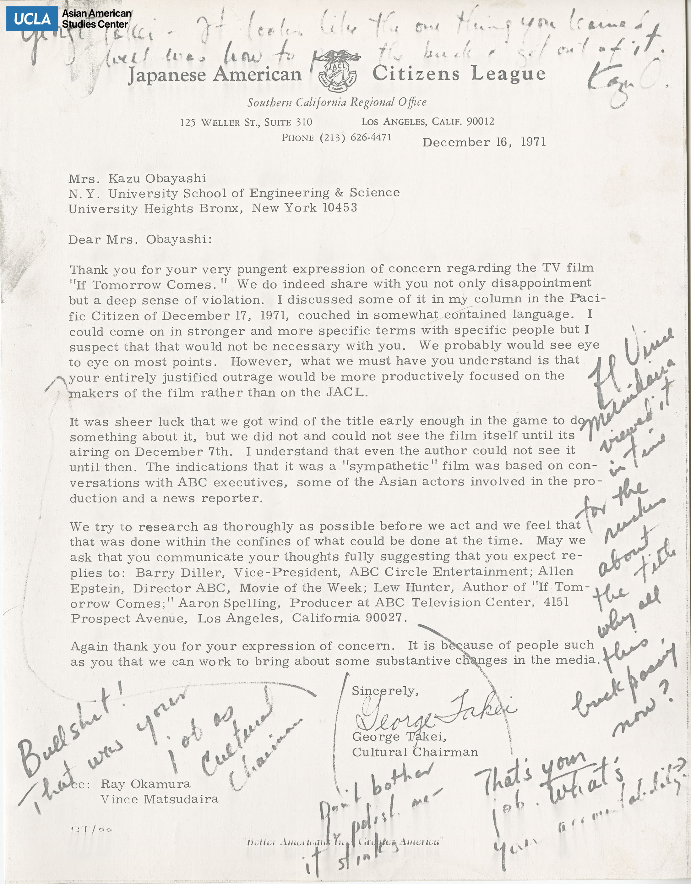 Letter addressed to Kazu Obayashi regarding a TV film titled, 