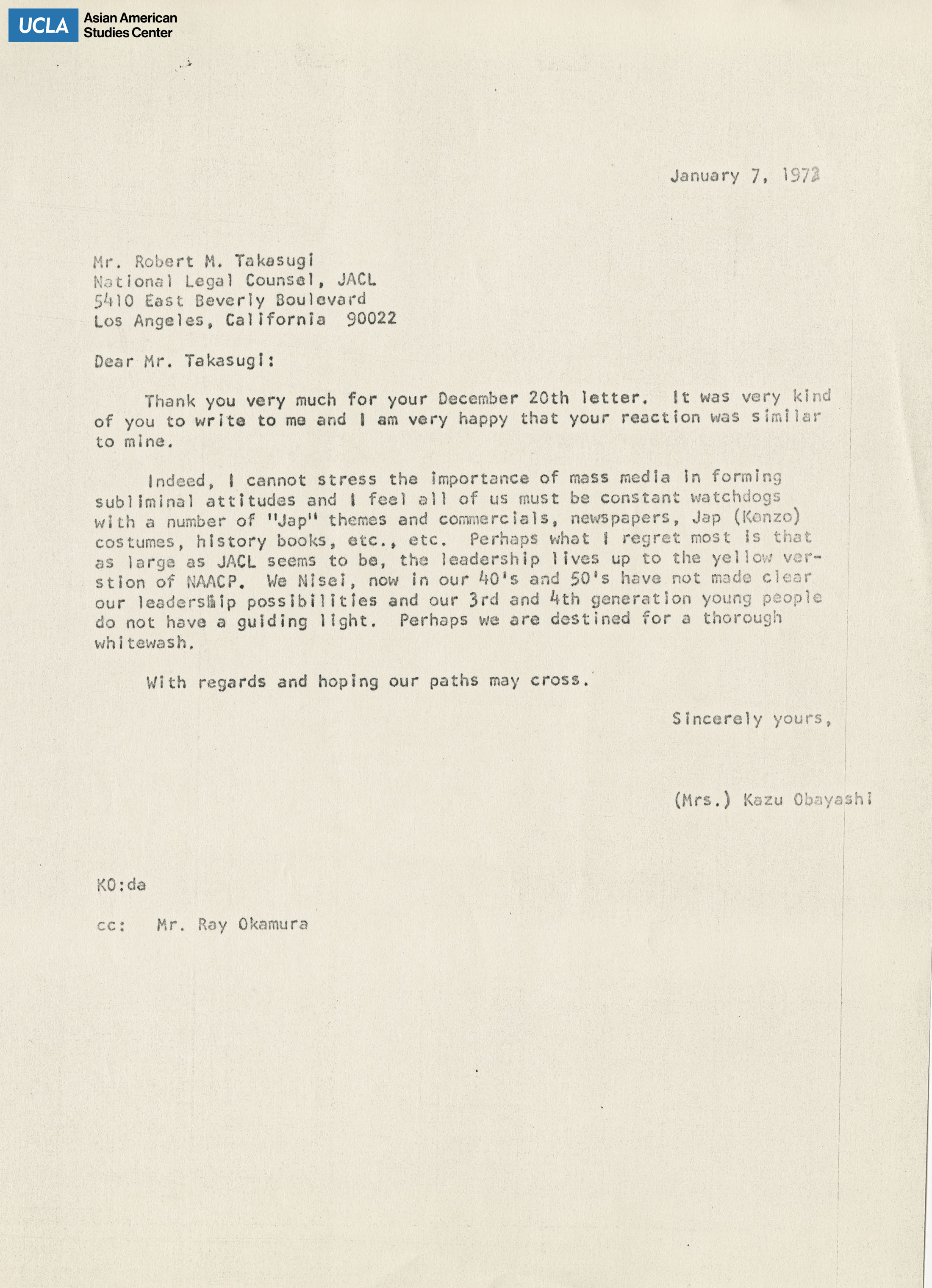 Letter addressed to Robert M. Takasugi.