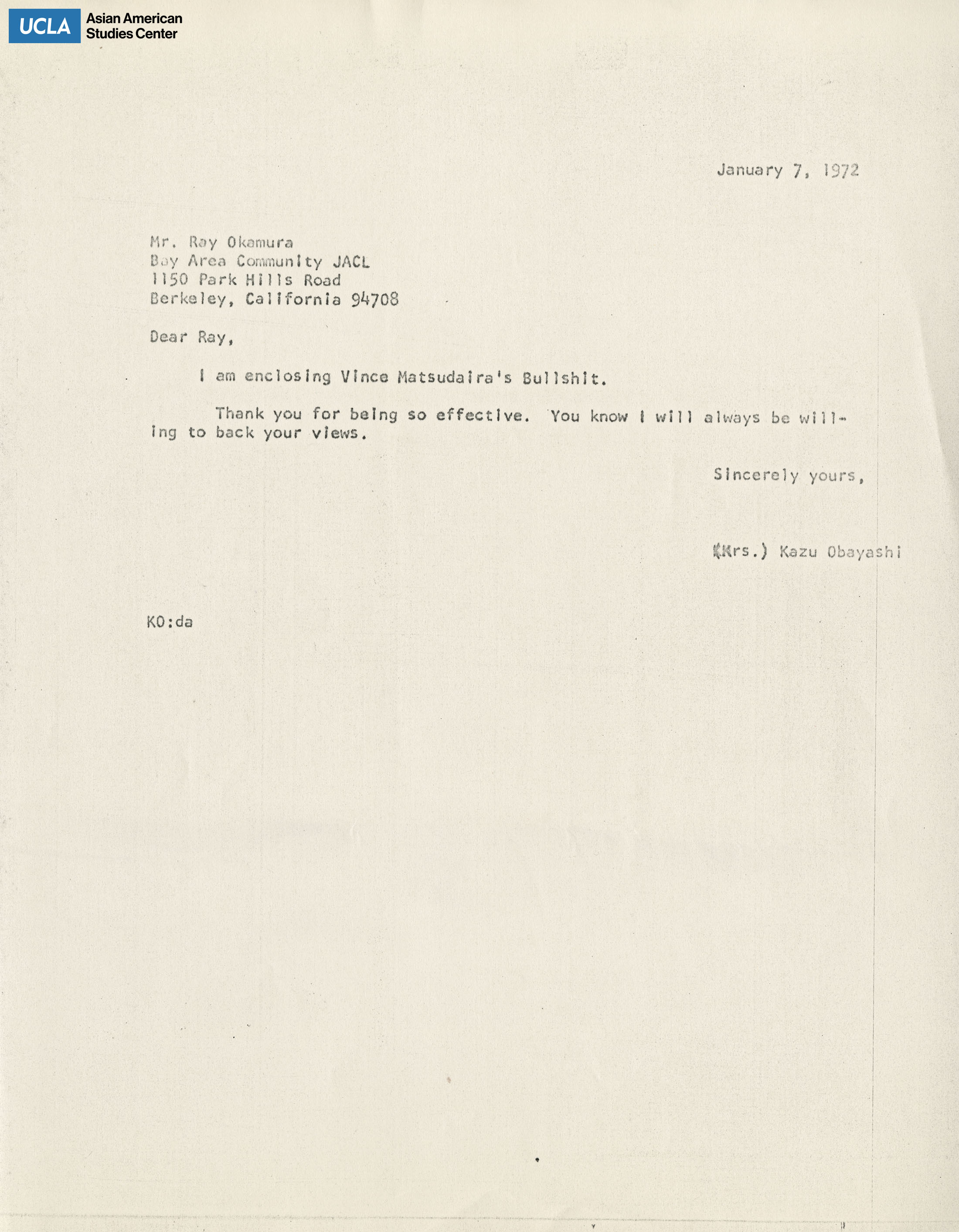 Letter addressed to Ray Okamura.