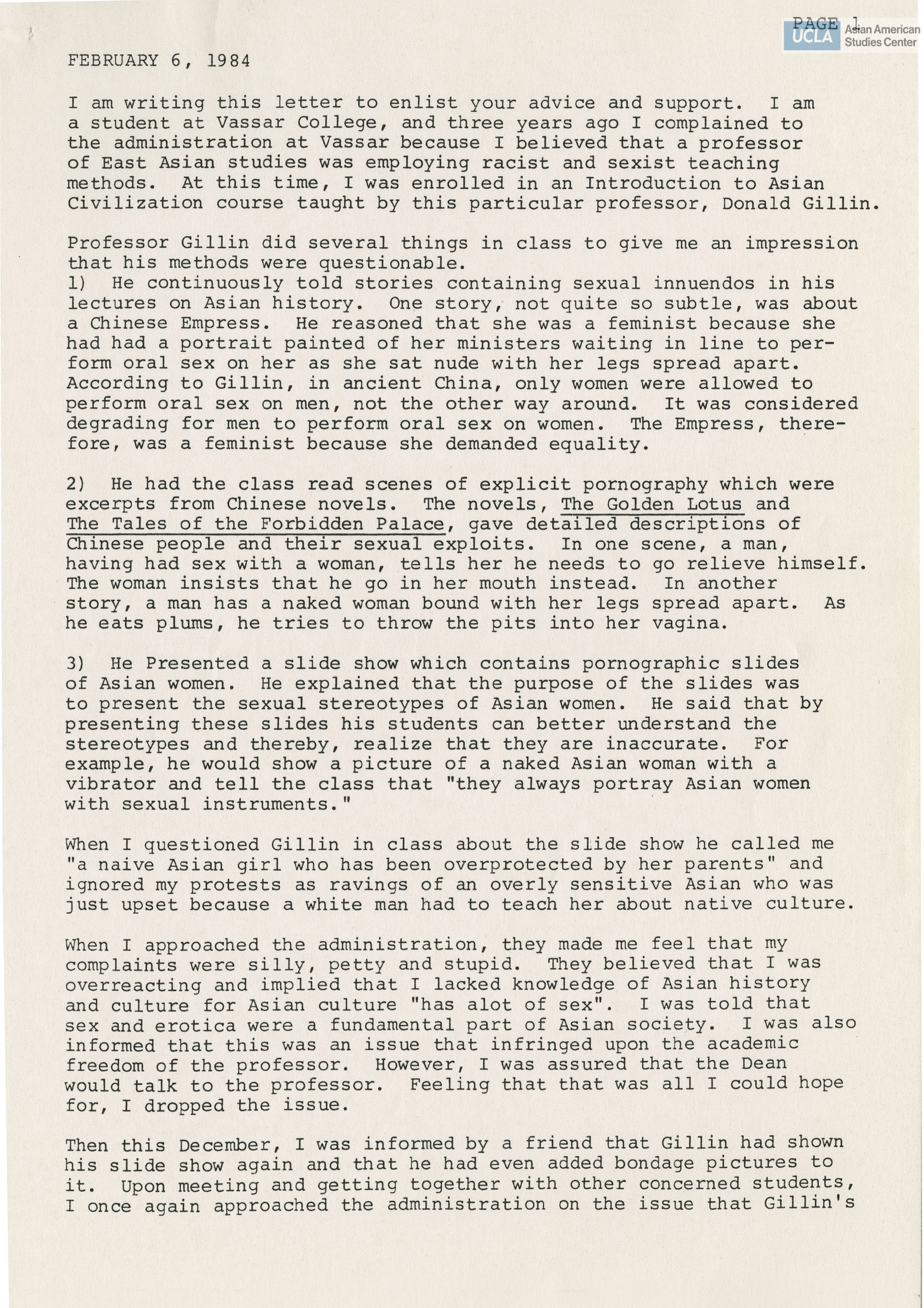 Letter regarding Vassar student Noriko Ellen Okamoto on the teaching method of East Asian studies' Professor Gillin.