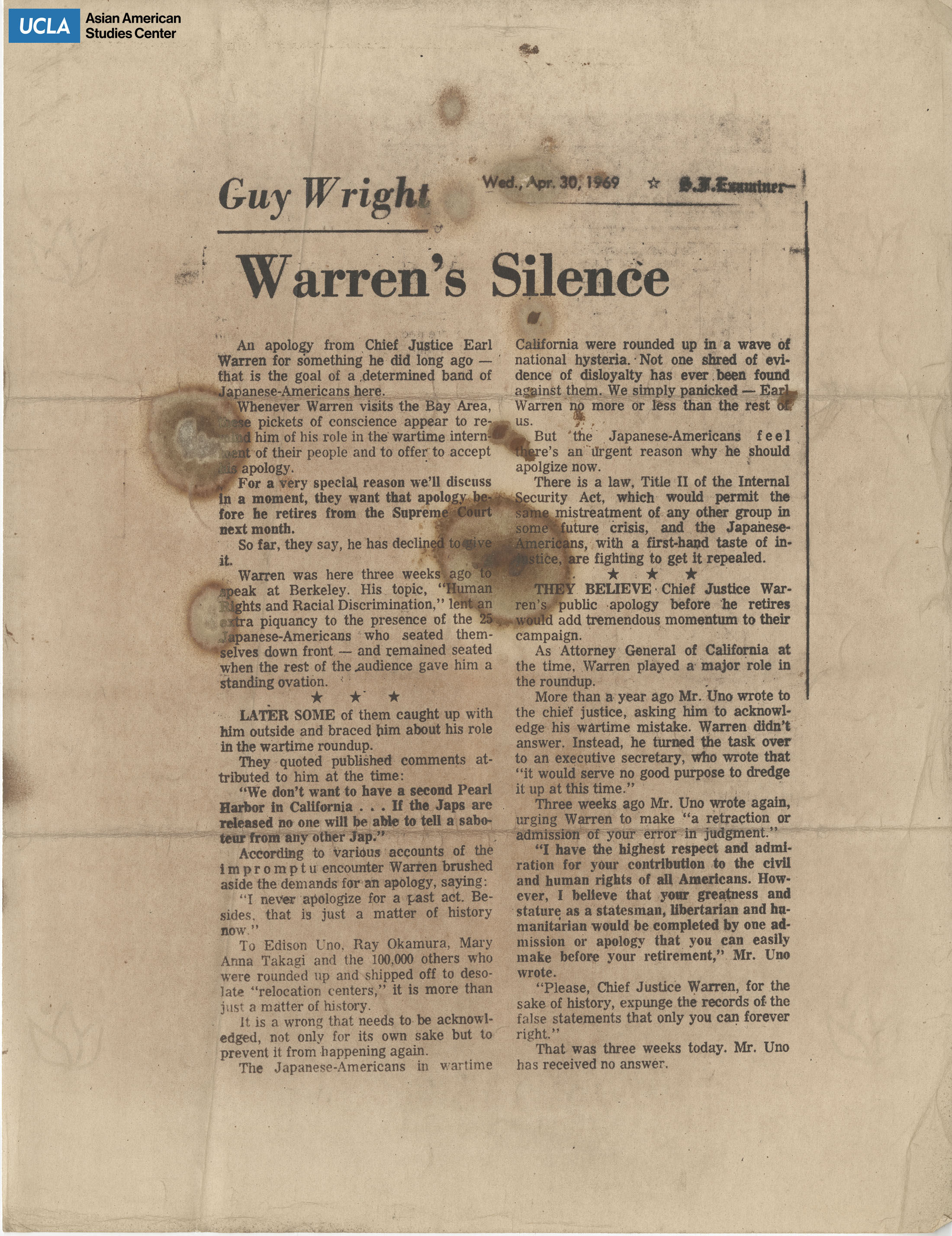 Public apology needed from Chief Justice Earl Warren on the forced detention of Japanese Americans.