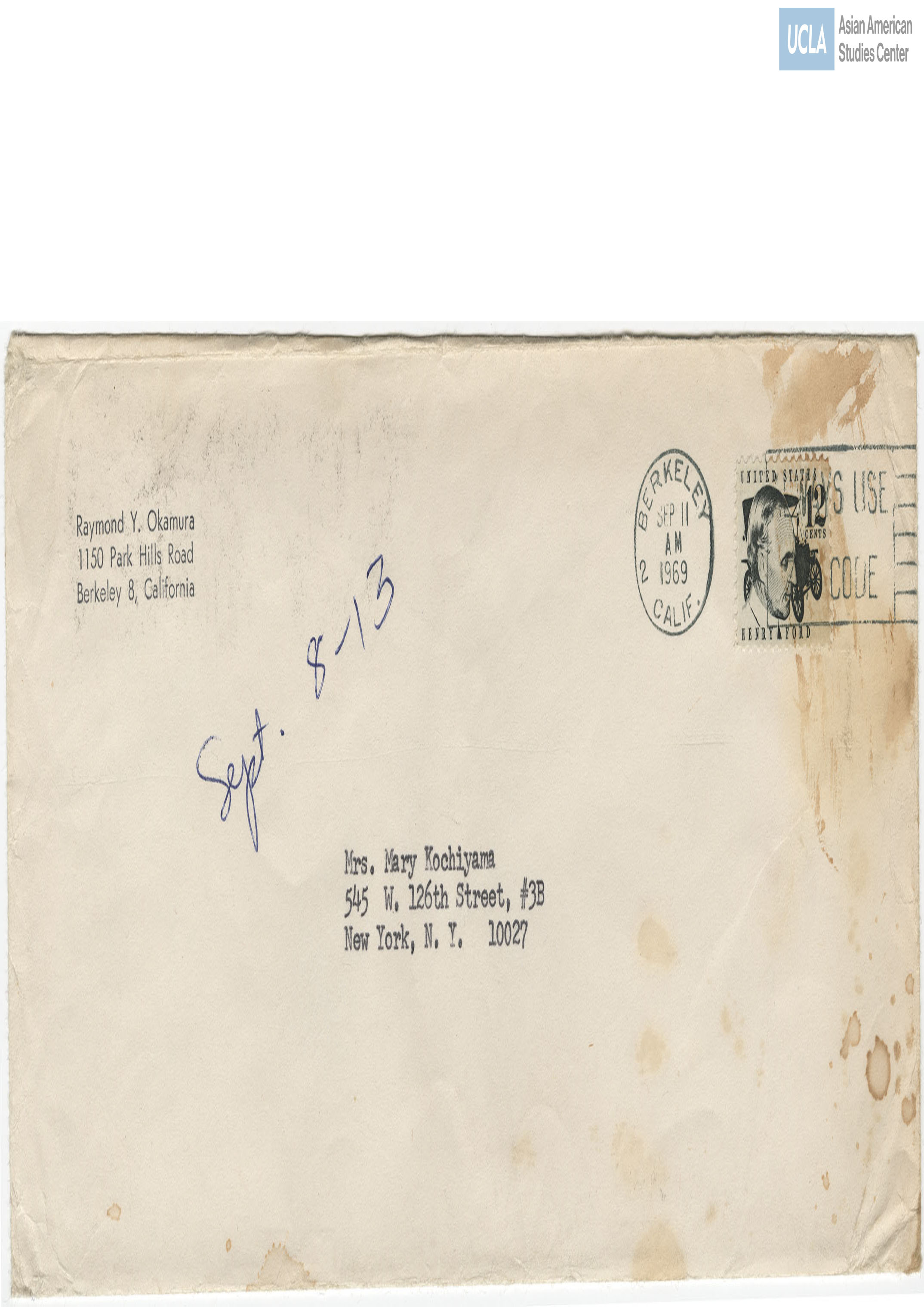 Envelope addressed to Yuri Kochiyama. Postmarked on September 11, 1969.