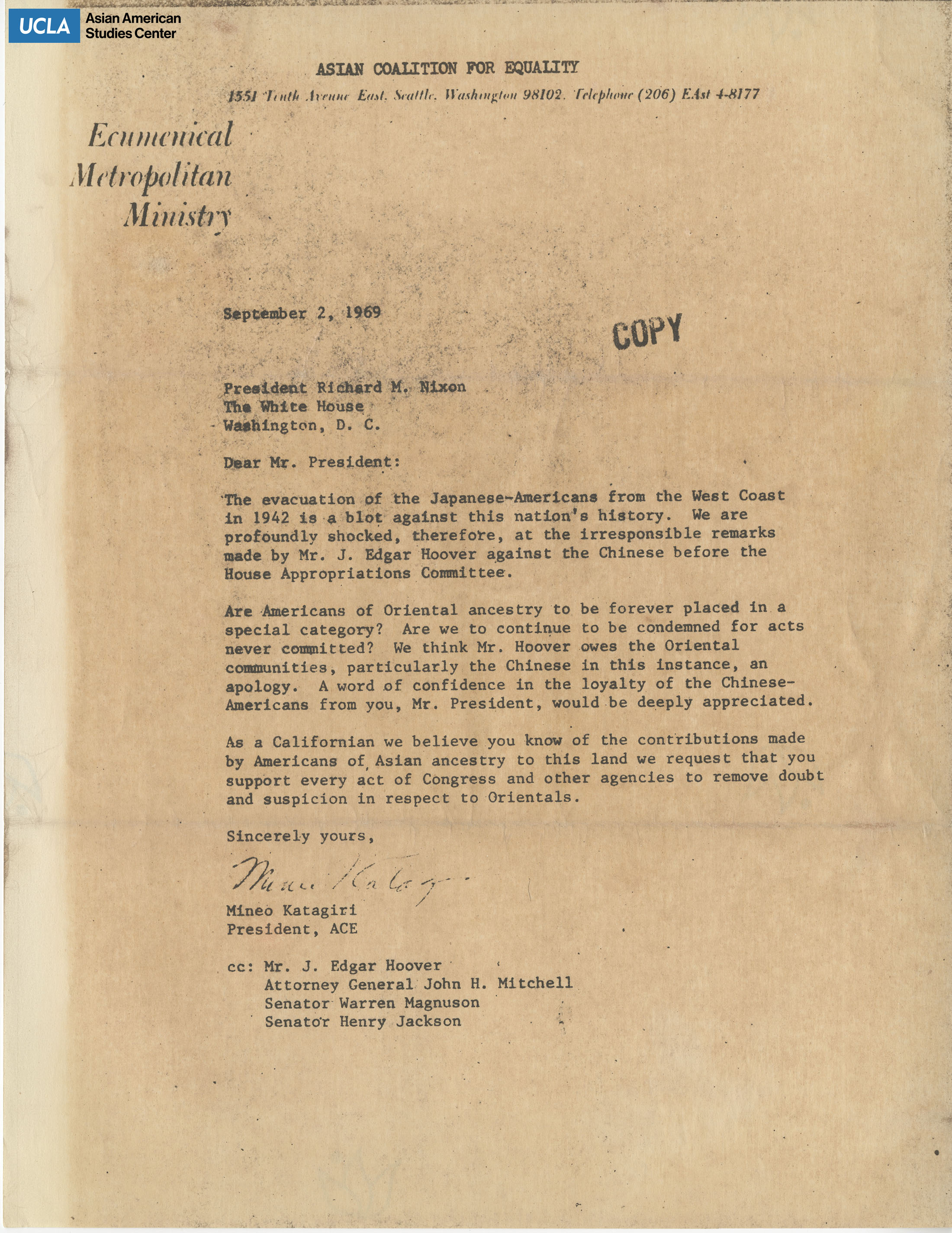 Mineo Katagiri, President of Asian Coalition for Equality, addresses Presiden Richard M. Nixon on J. Edgar Hoover's remarks against Chinese people.