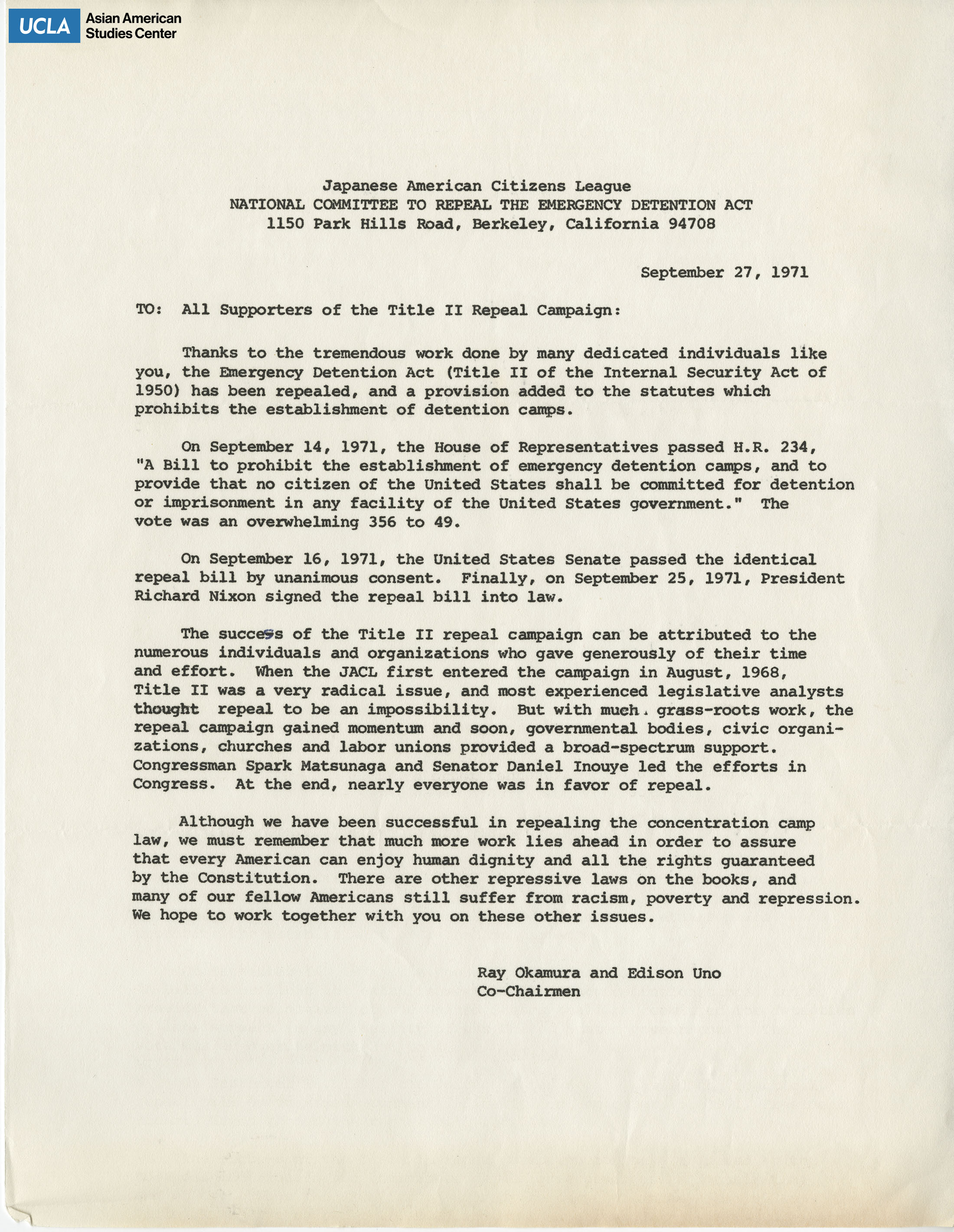Letter to supporters on the campaign to repeal the Emergency Detentional Act.