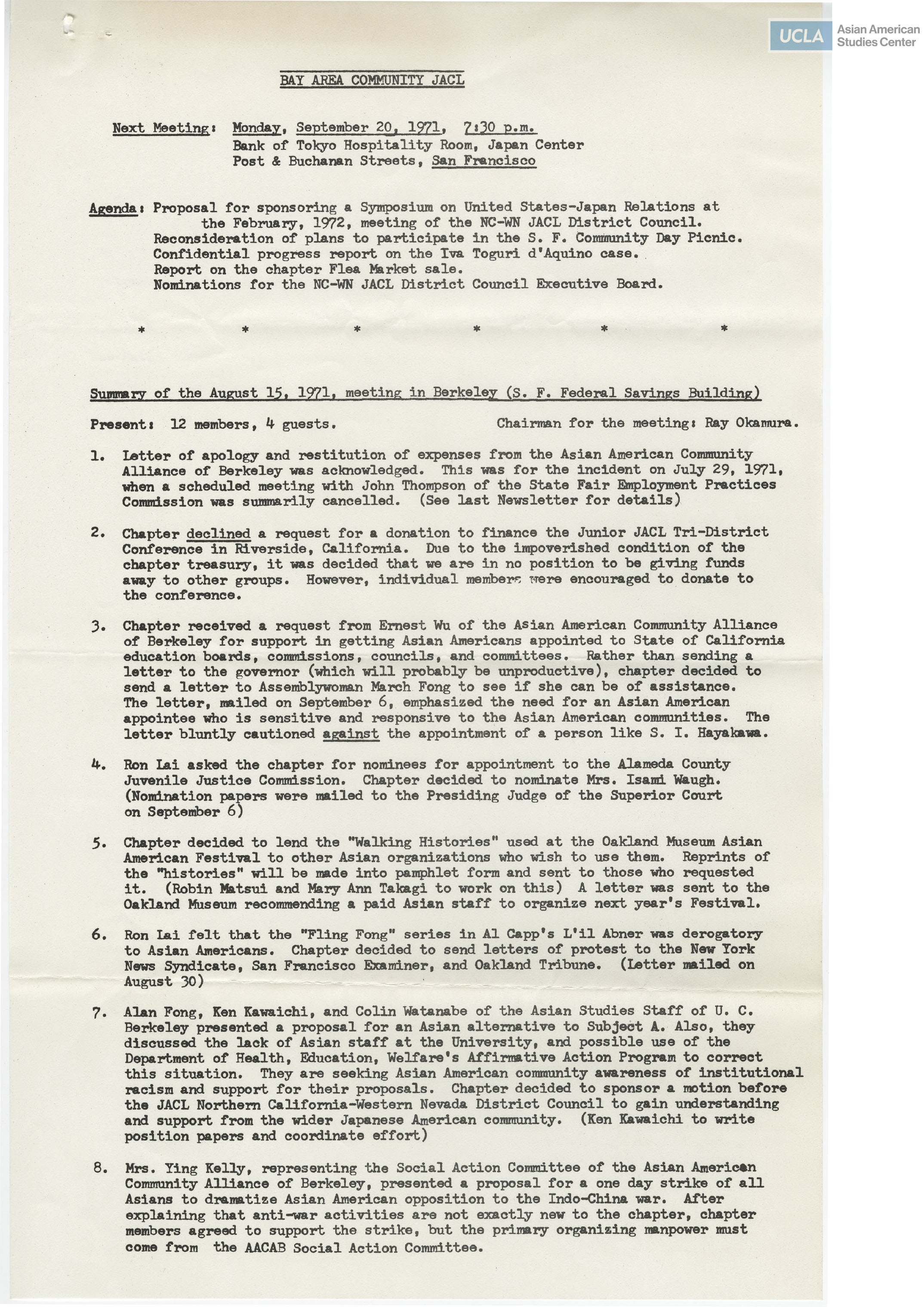 Meeting agenda for the Bay Area Community JACL in proposal for sponsoring a Symposium on United States-Japan Relations.