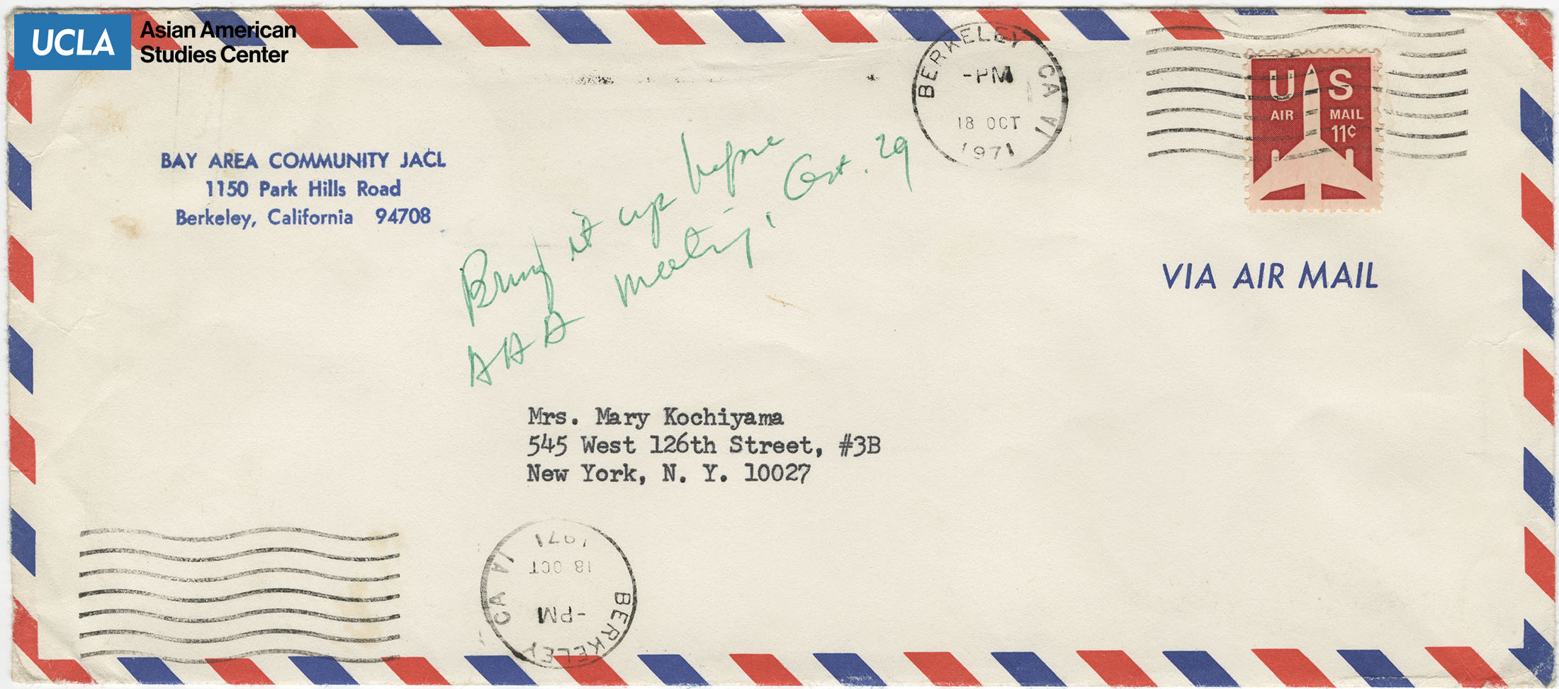 Envelope addressed to Yuri Kochiyama from Bay Area Community JACL. Postmarked on October 18, 1971.