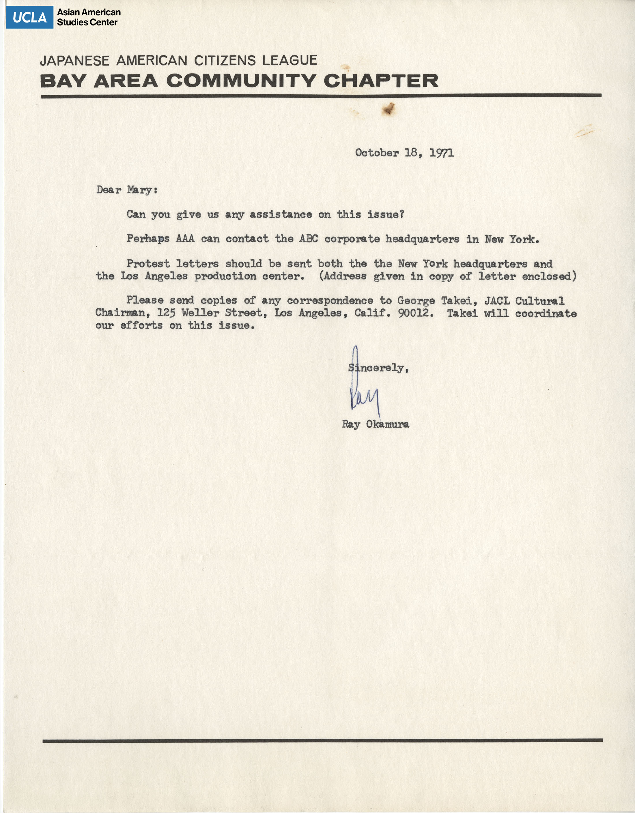 Letter regarding assistance in contacting ABC corporate headquarters.
