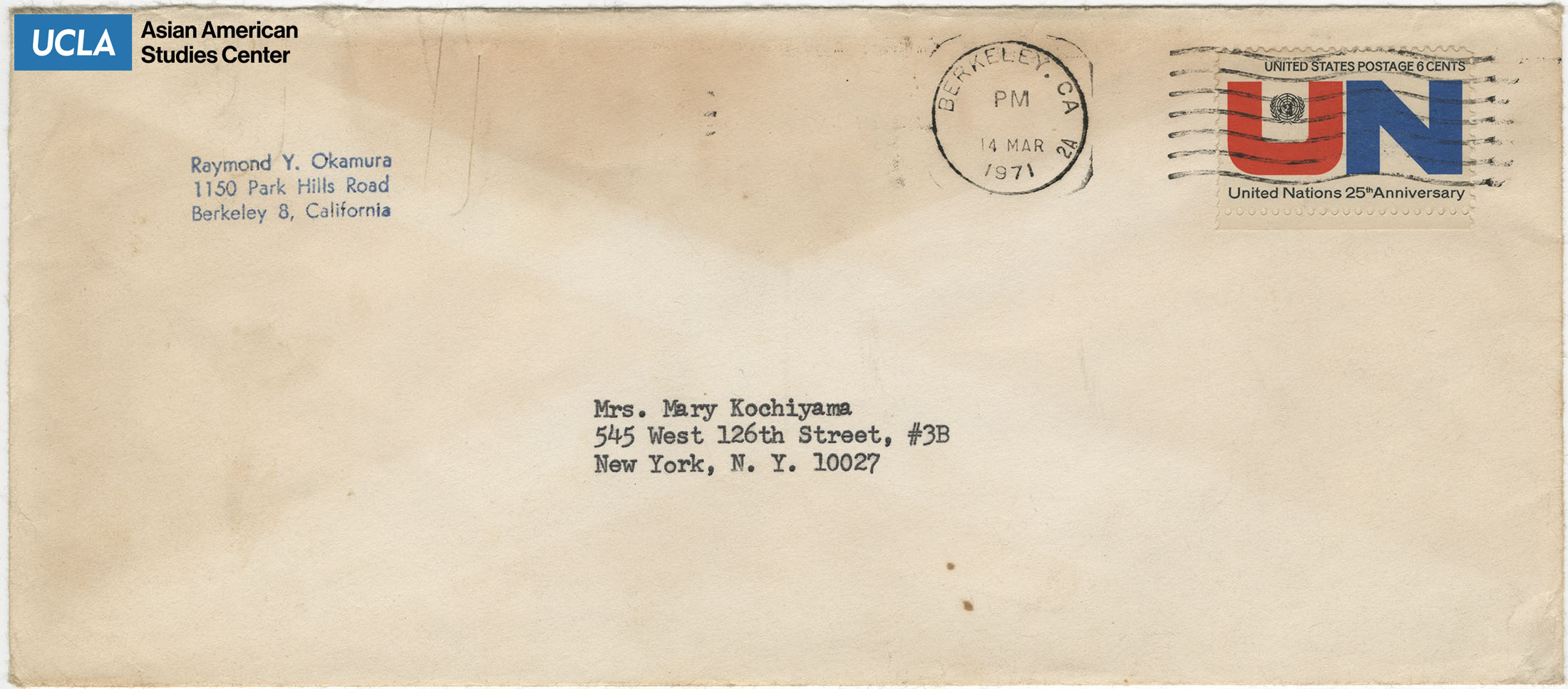 Envelope addressed to Yuri Kochiyama from Raymond Y. Okamura. Postmarked on March 14, 1971.