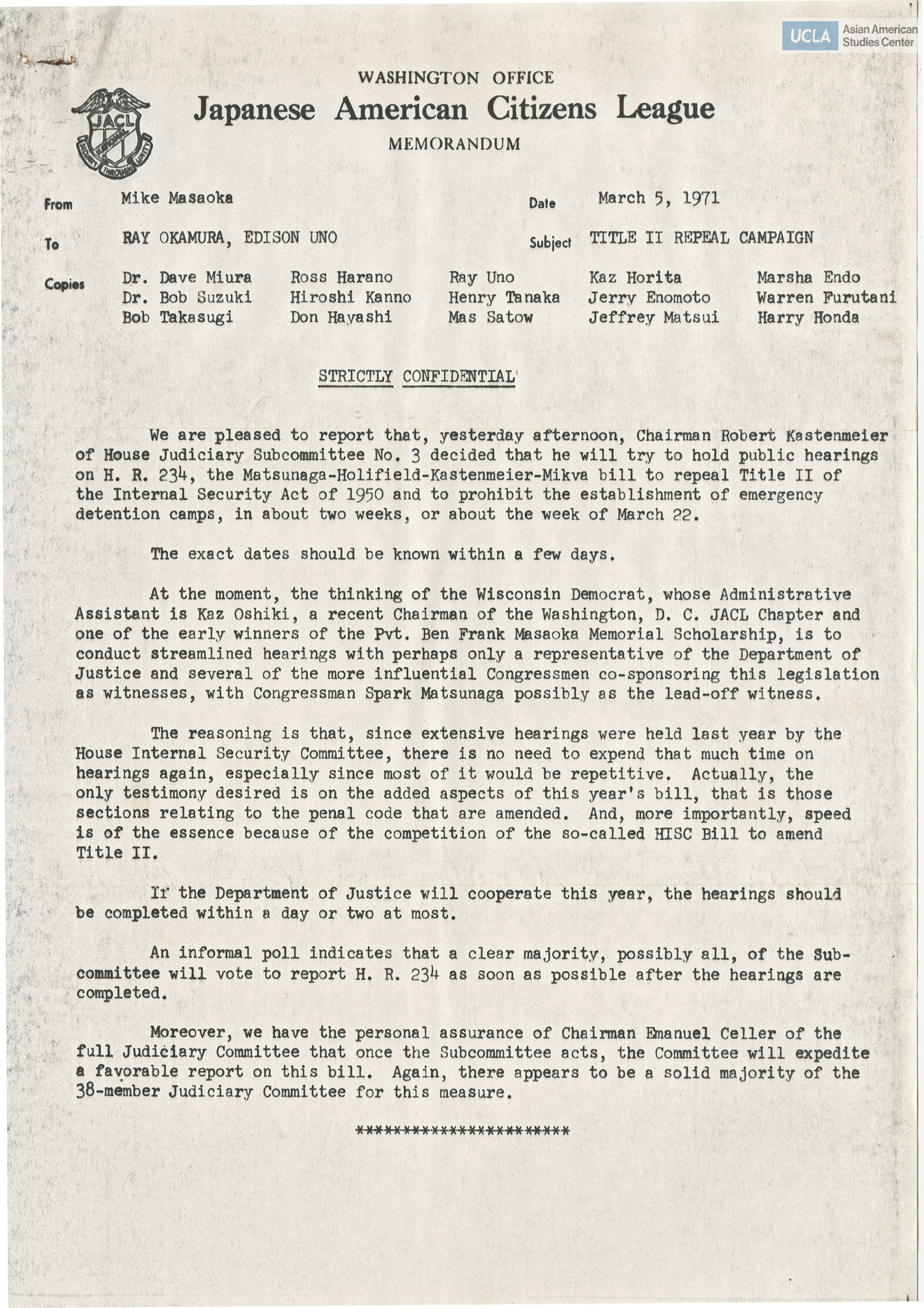 JACL Memorandum on Title II Repeal Campaign.