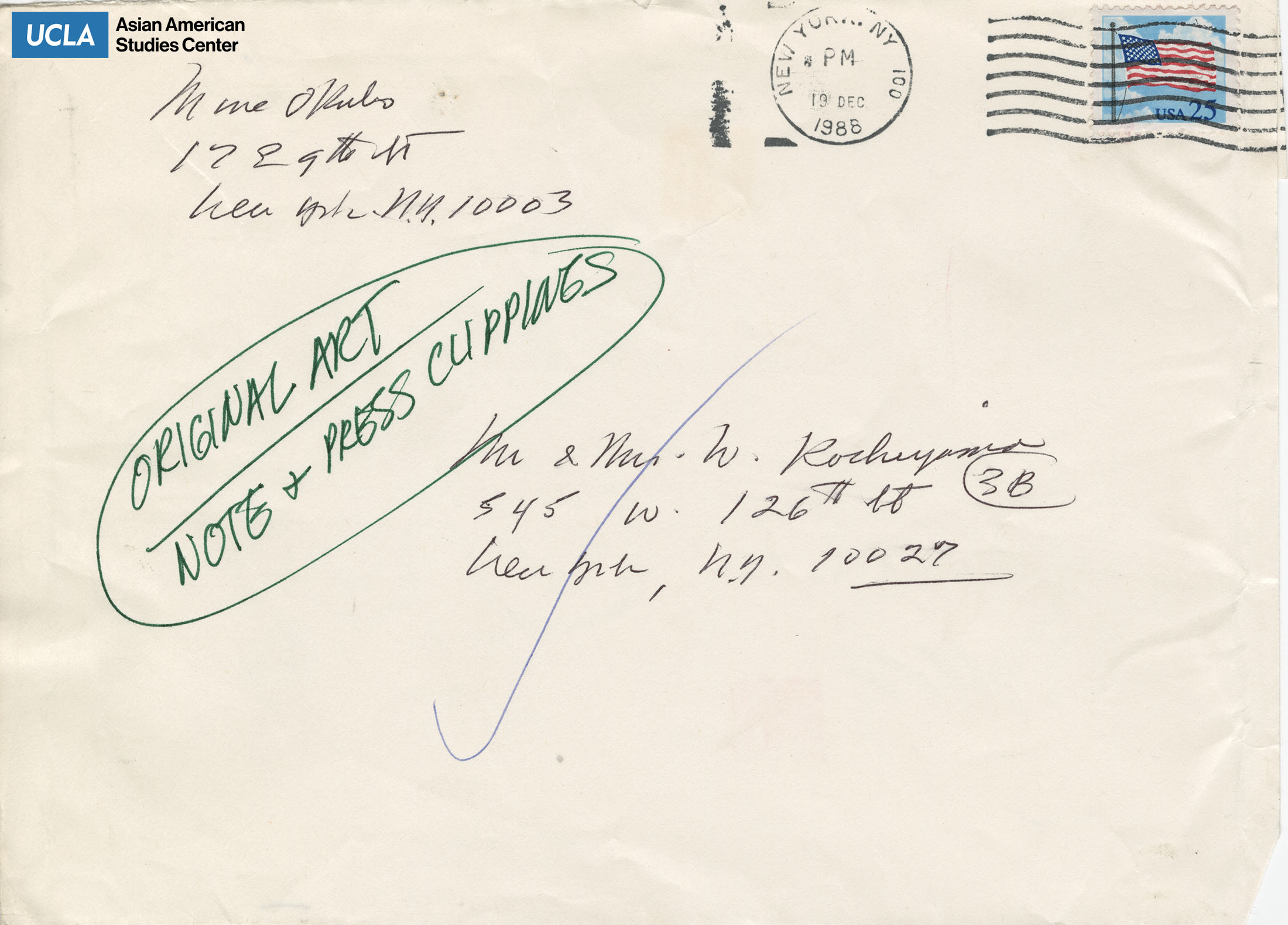 Envelope addressed to Bill and Yuri Kochiyama from Miné Okubo. Postmarked on December 19, 1988.