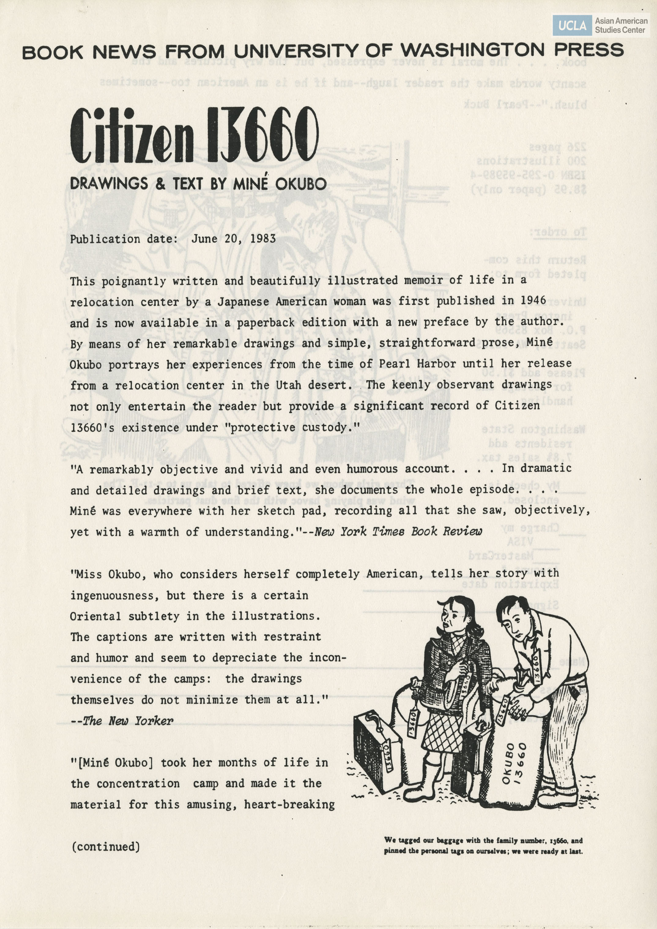 Leaflet regarding Miné Okubo's Citizen 13660 illustrated memoir of life as a Japanese American women in a relocation center. First published in 1946. A blank order form is included.