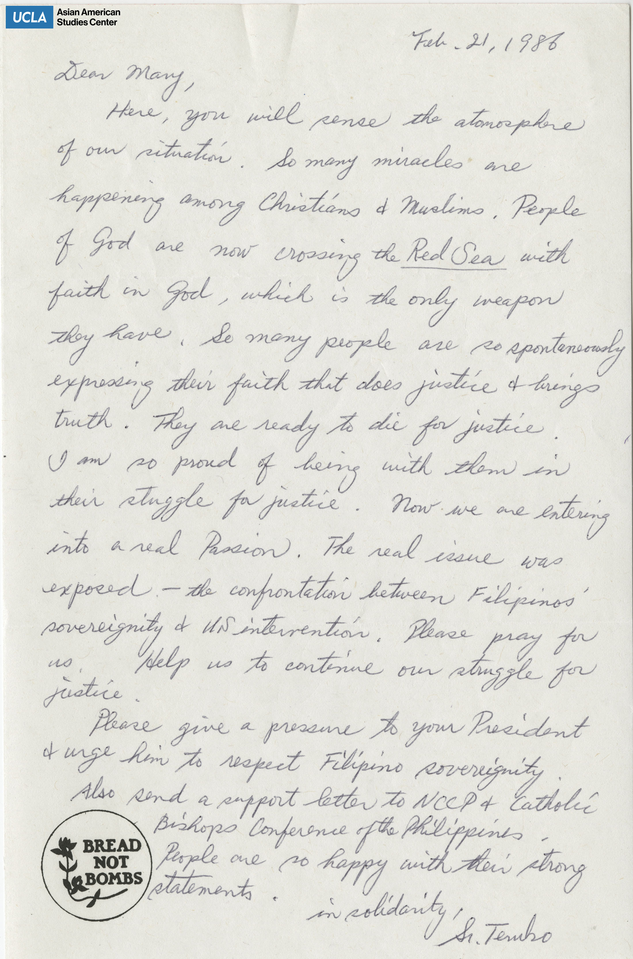 Letter addressed to Yuri Kochiyama on Filipino sovereignity and U.S. relations.