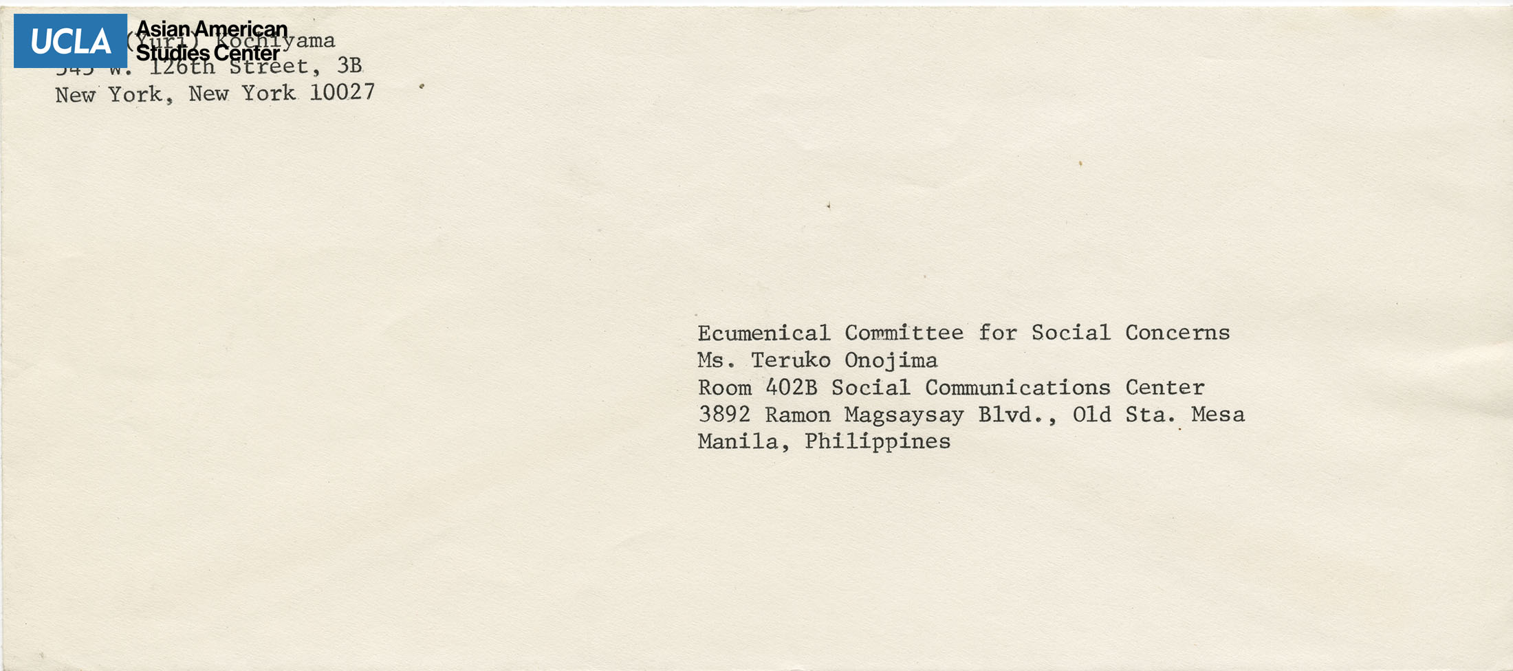 Envelope addressed  Ecumenical Committee for Social Concerns. Forwarded to Teruko Onojima.