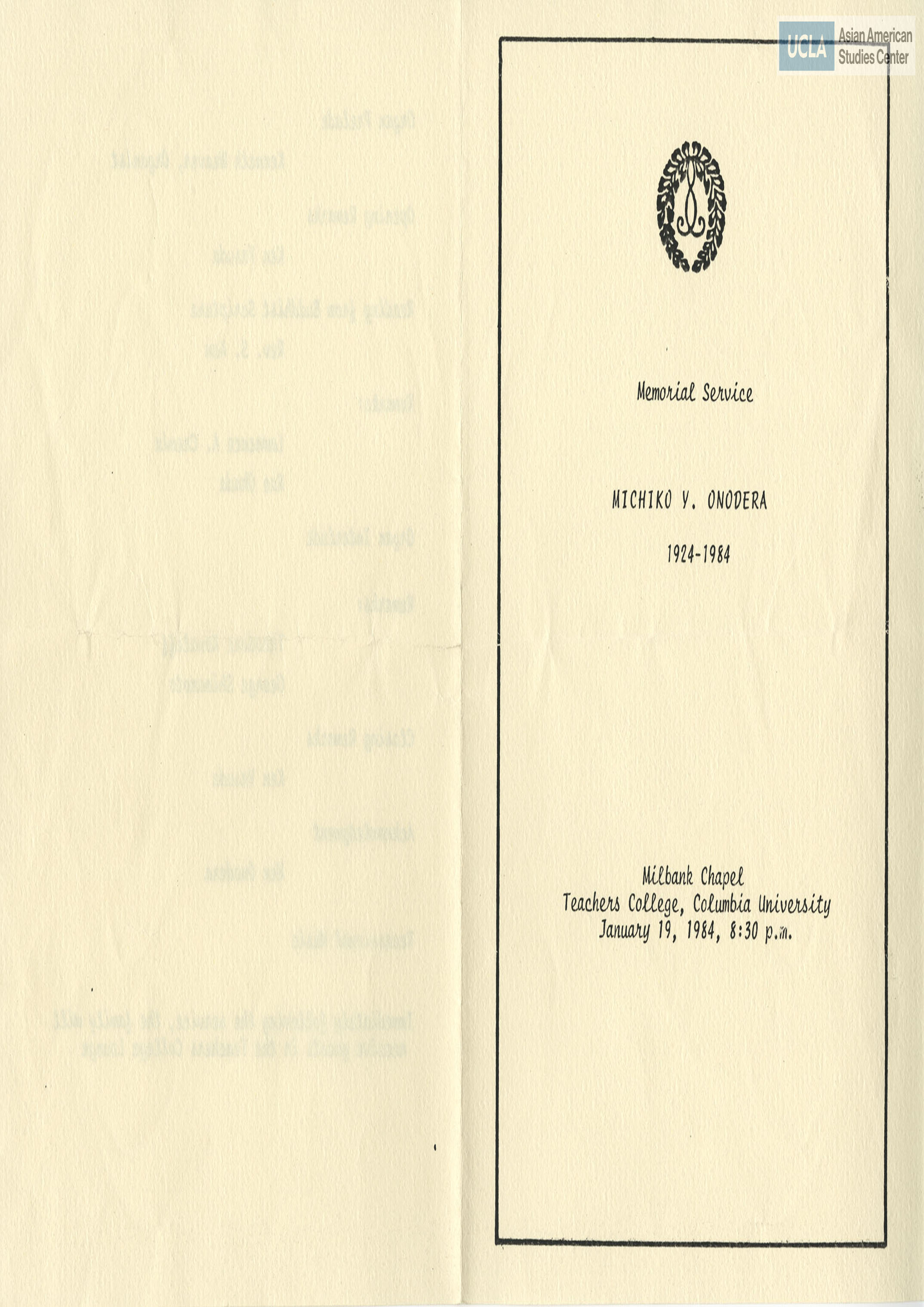 Leaflet regarding a memorial service program for Michiko Y. Onodera at Milbank Chapel, Columbia University.