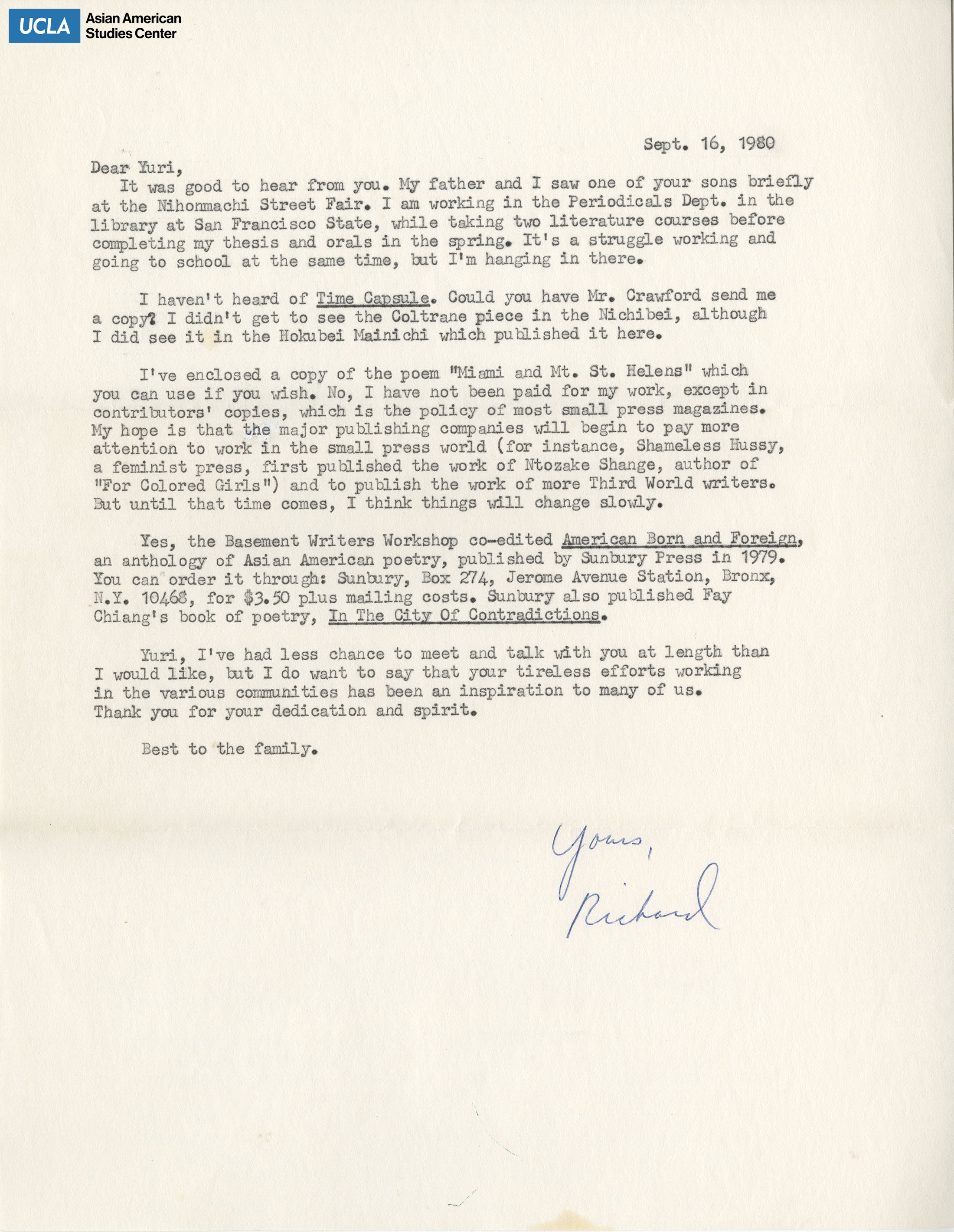 Letter addressed to Yuri Kochiyama on various publications and writer's workshops.