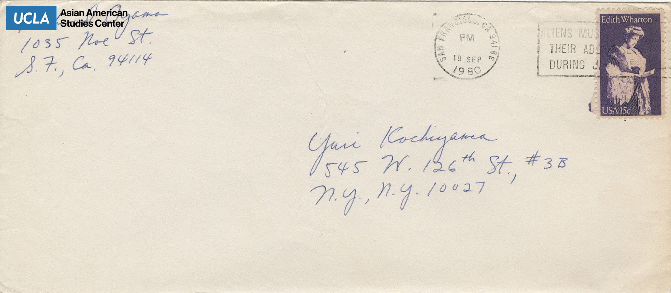 Envelope addressed to Yuri Kochiyama from Richard Oyama. Postmarked on September 18, 1980.