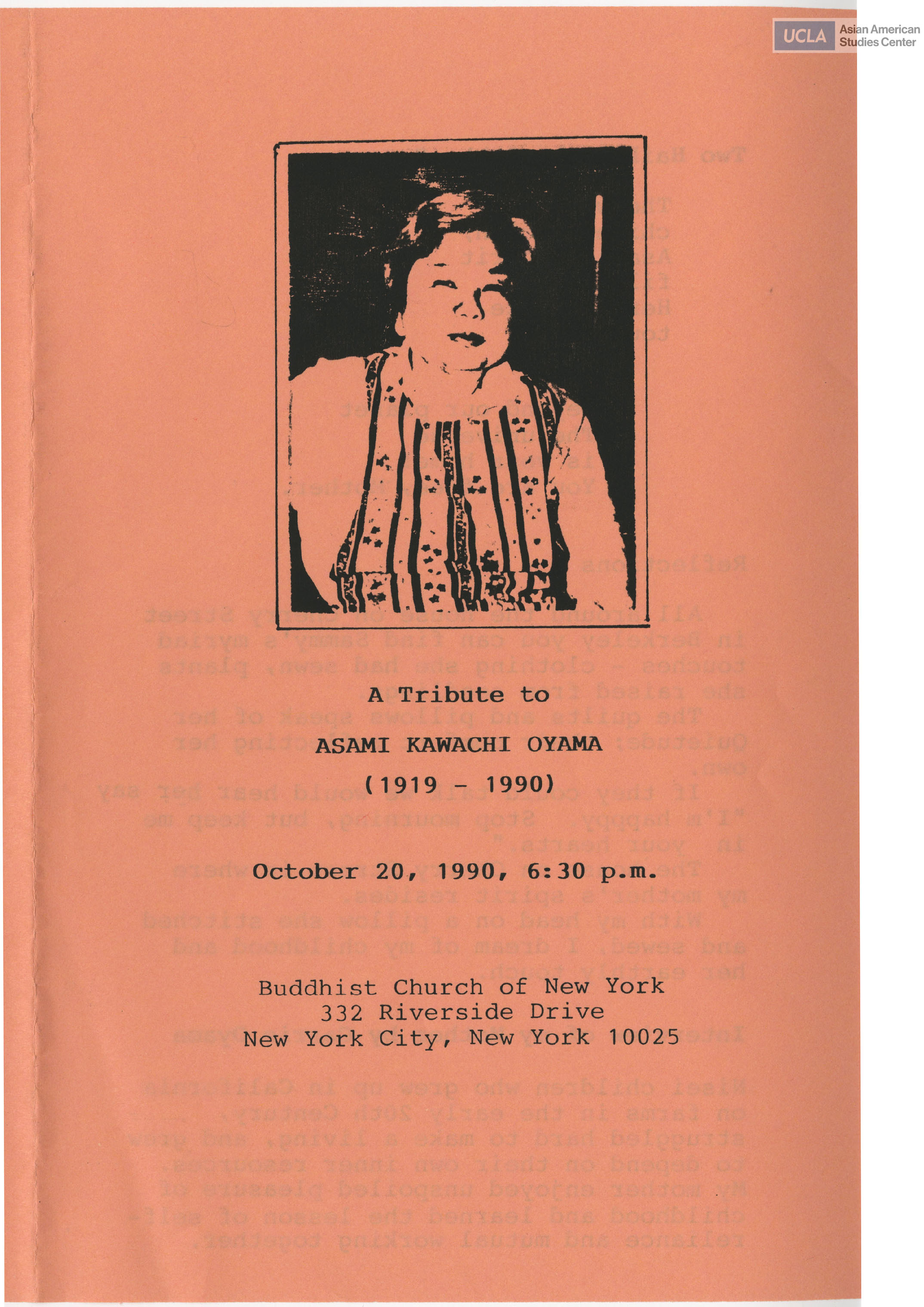 Leaflet regarding a memorial service program for Asami Kawachi Oyama at Buddhist Church of New York.
