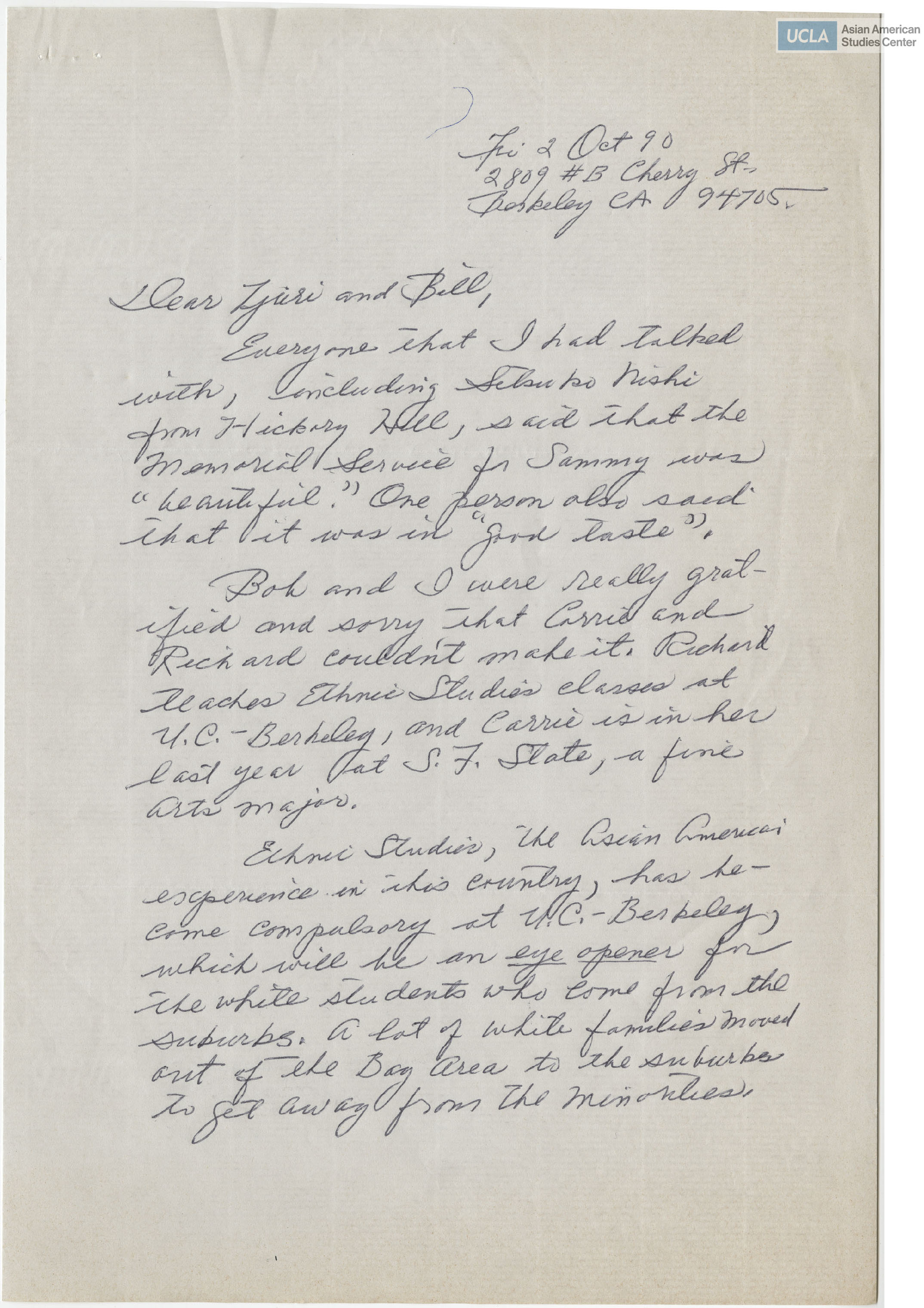 Letter addressed to Yuri and Bill Kochiyama on a memorial service and a small donation.