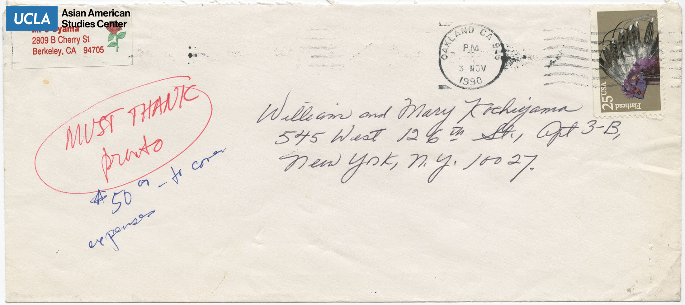 Envelope addressed to Yuri and Bill Kochiyama. Postmarked on November 3, 1990.