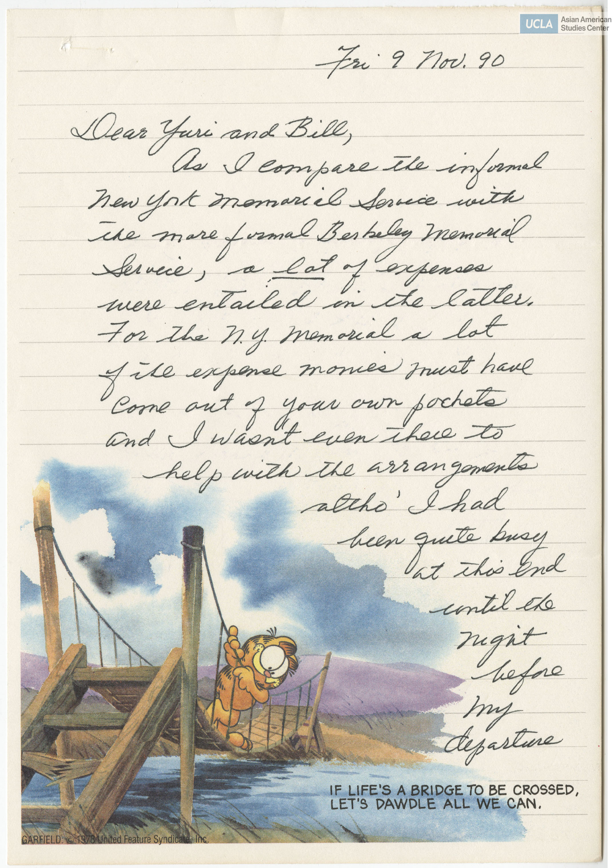 Letter addred to Yuri and Bill on the memorial service in New York and in Berkeley.