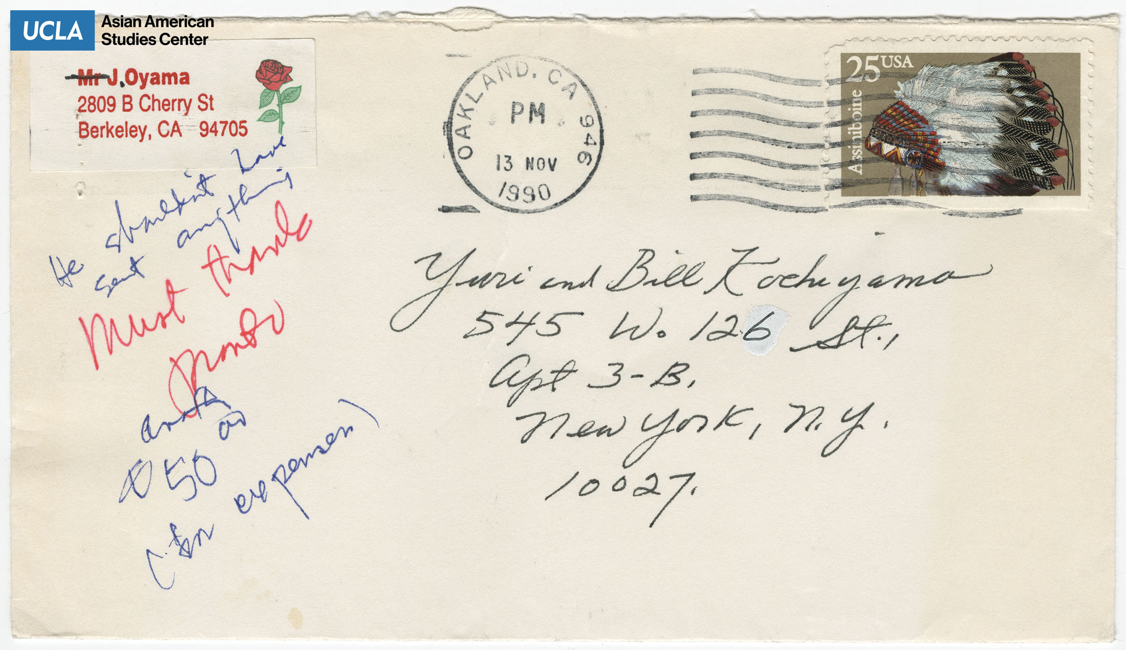 Envelope addressed to Yuri and Bill Kochiyama. Postmarked on November 13, 1990.