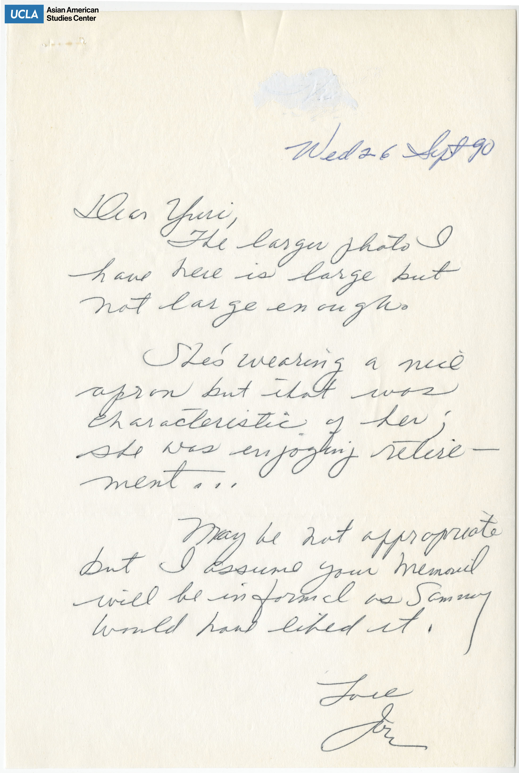 Letter addressed to Yuri Kochiyama on dressing for the memorial service.