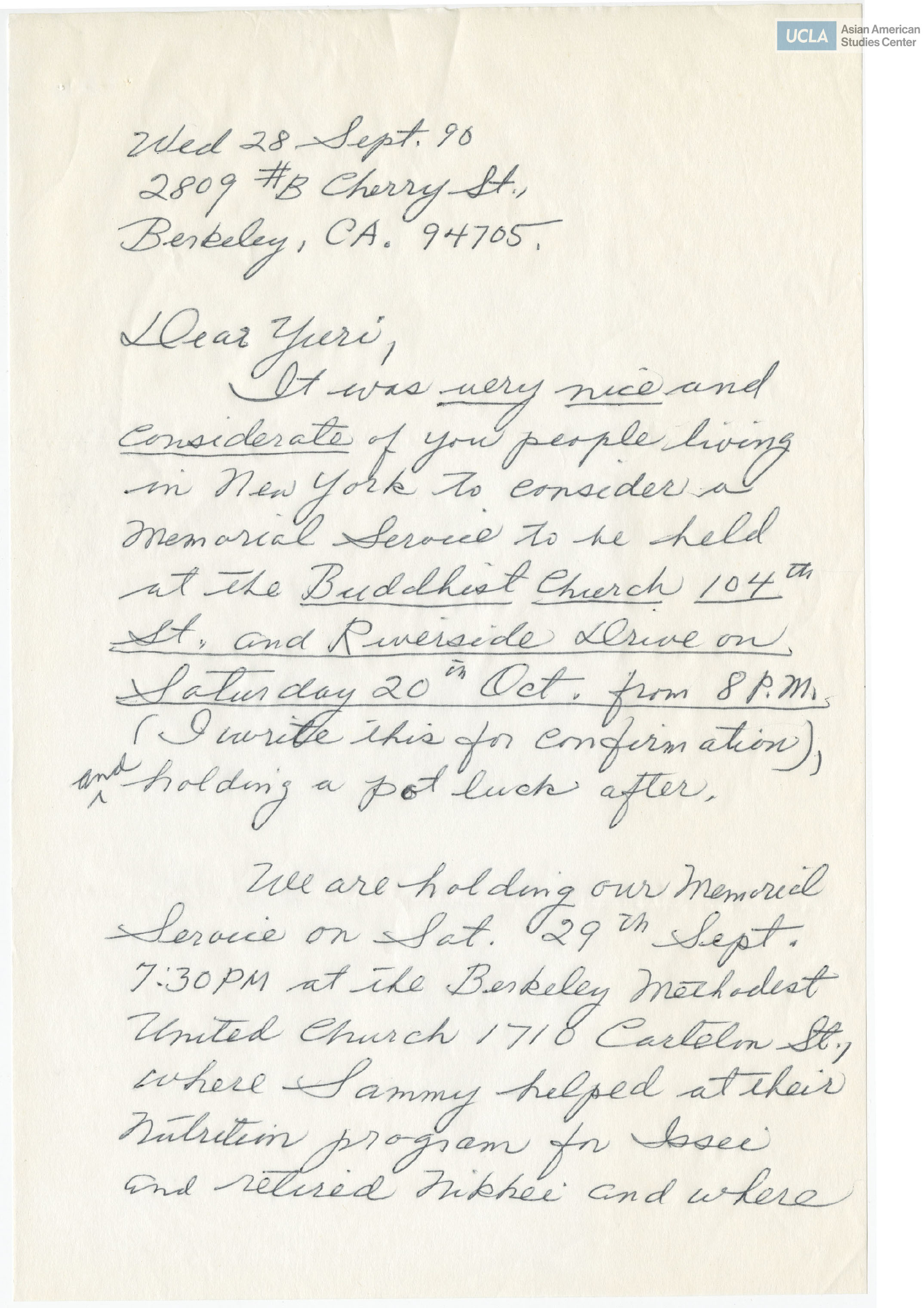 Letter regarding a memorial service to be held at the Berkeley Methodist United Church in Berkeley, California.