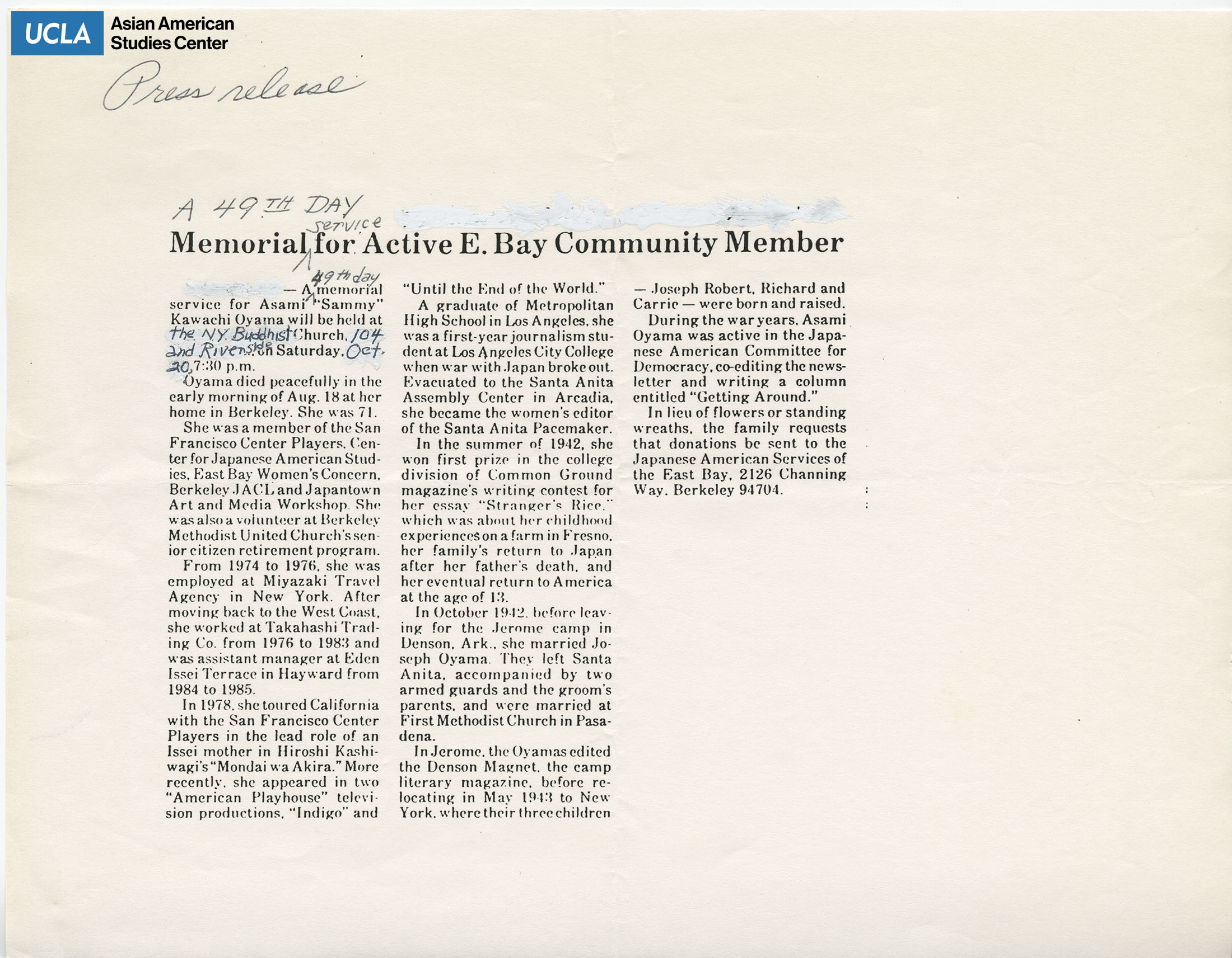 Newsletter regarding a memorial service for Asami Kawachi Oyama at the New York Buddhist Church.