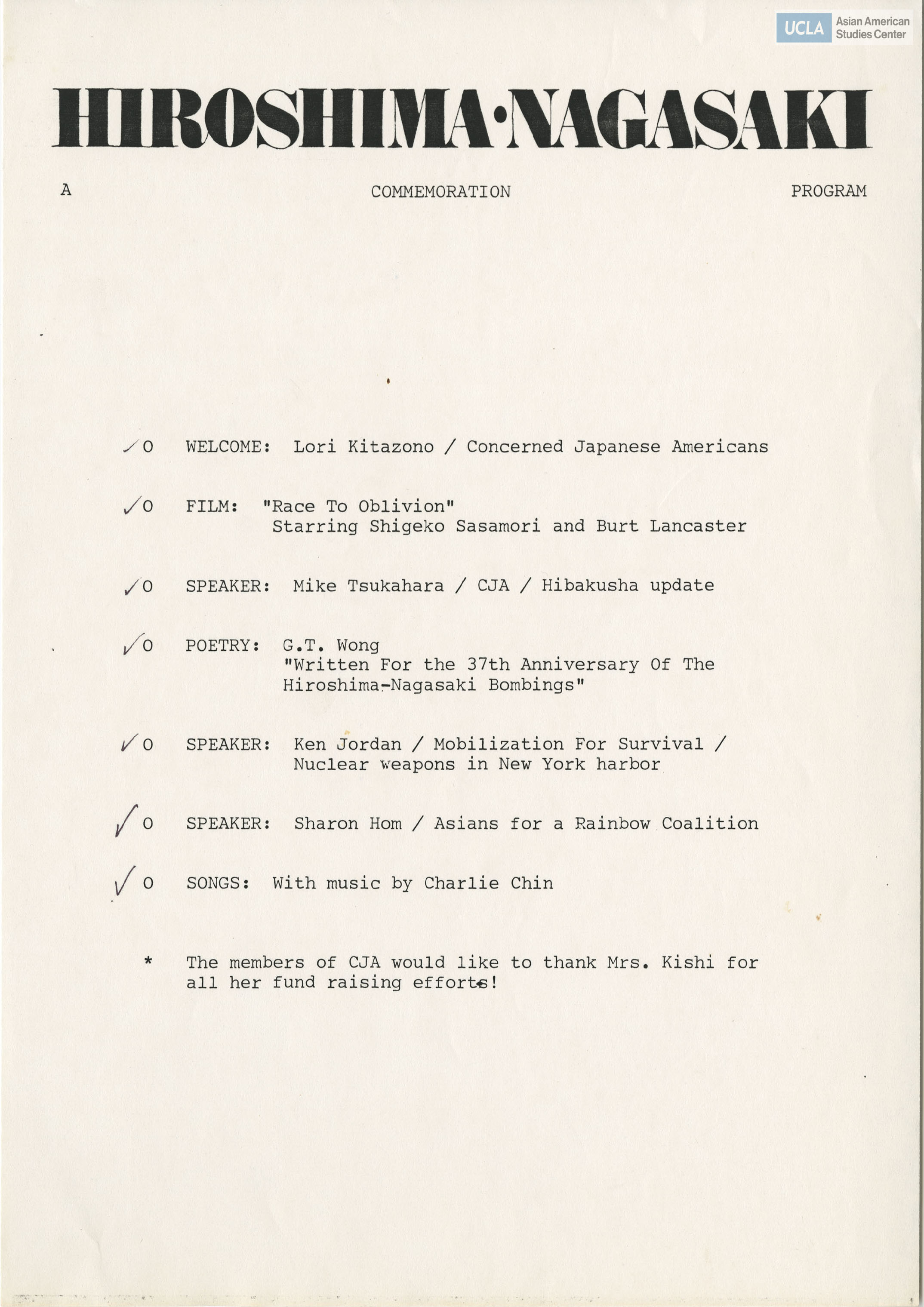 Pamphlet regarding commemoration of the 39th anniversary of Hiroshima-Nagasaki bombings. Sponsored by Concerned Japanese Americans.