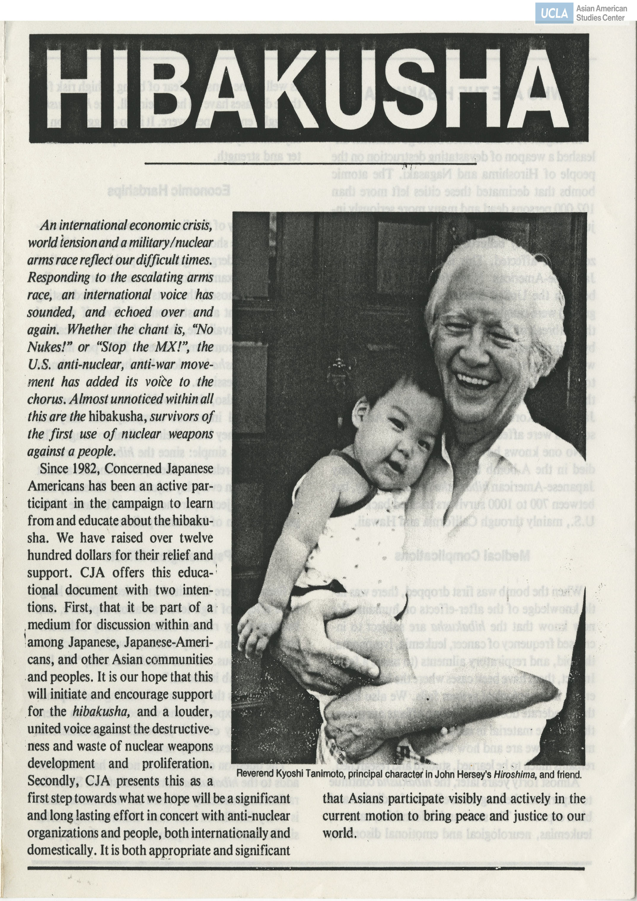 Leaflet regarding background information on Hibakusha, survivors affected by the atomic bombs of Hiroshima-Nagasaki. And asking for support for Hibakusha's financial burden.