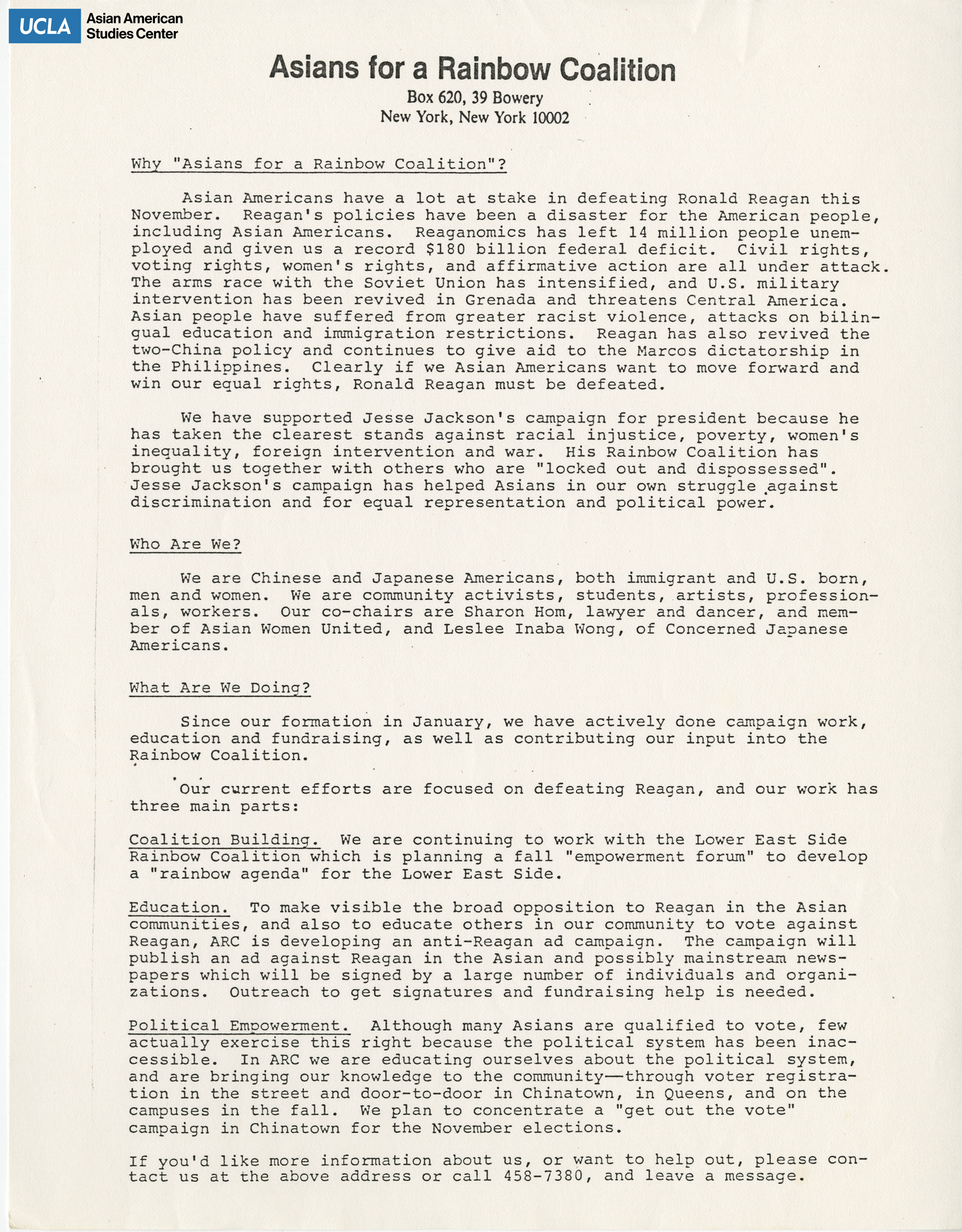 Flyer regarding background information on the Asians for Rainbow Coalition.