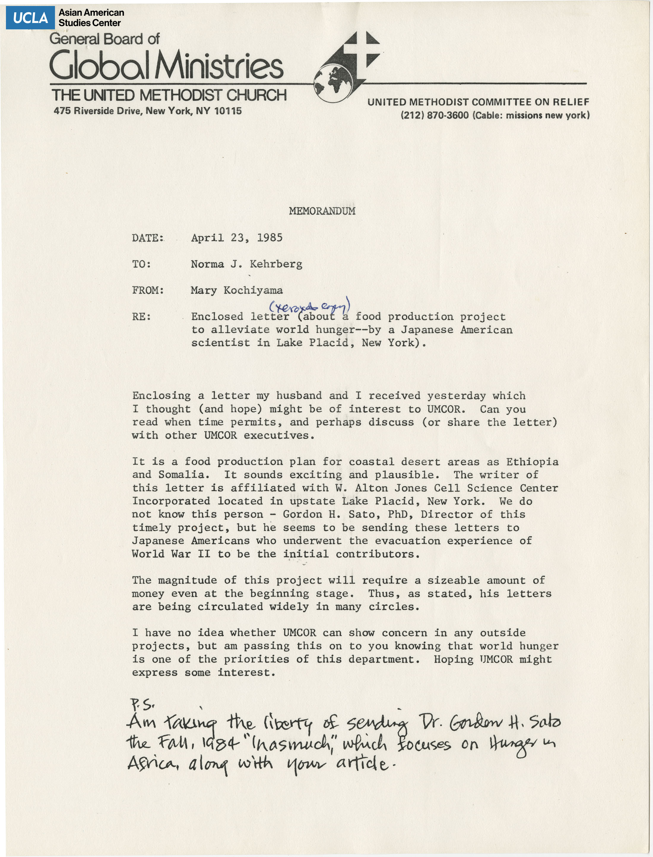 Yuri writes to Norma j. Kehrberg on Dr. Gordon H. Sato's food production plan on coastal deserts.