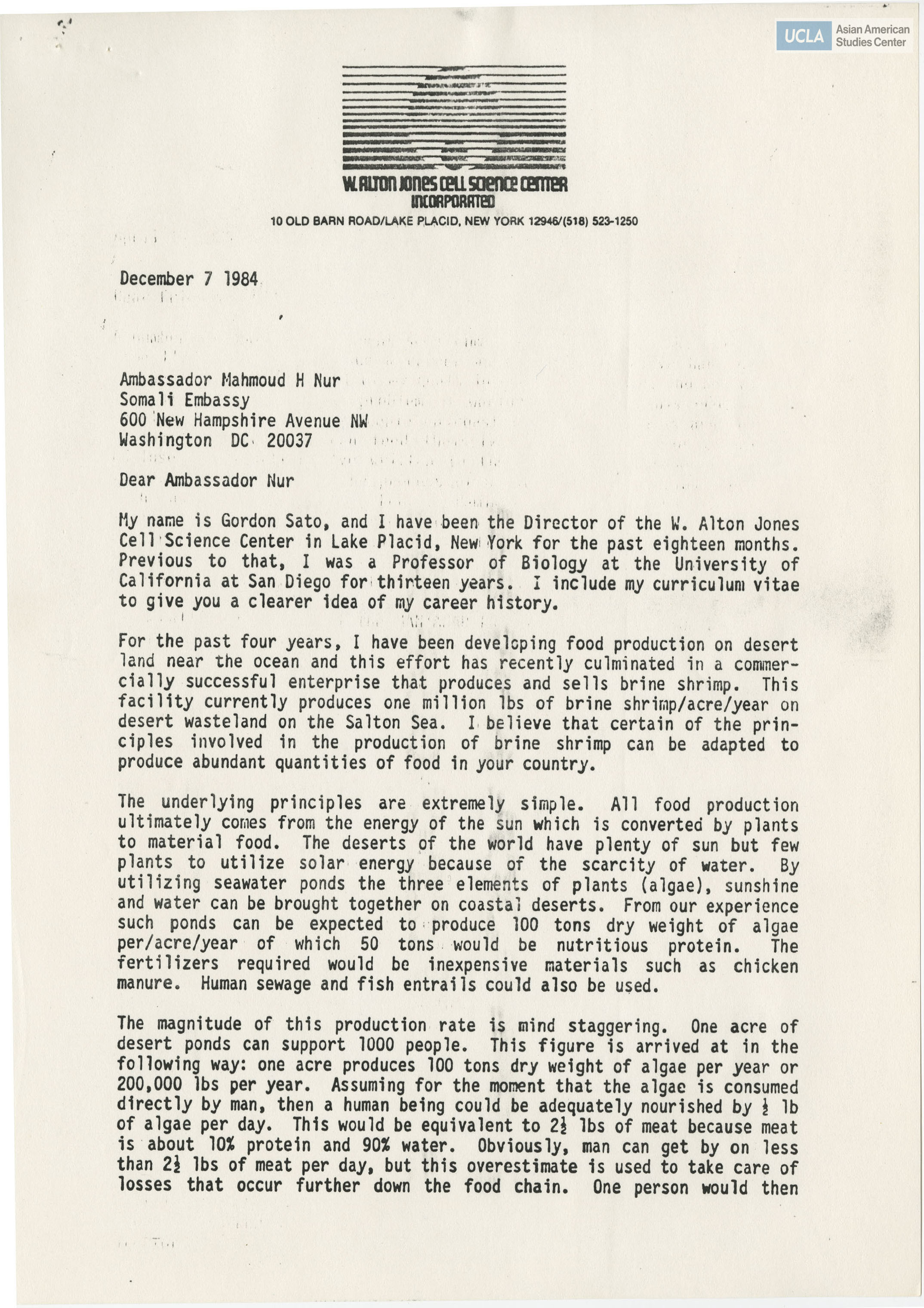 Gordon H. Sato writes to Ambassador Nur on a food production plan for coastal deserts.