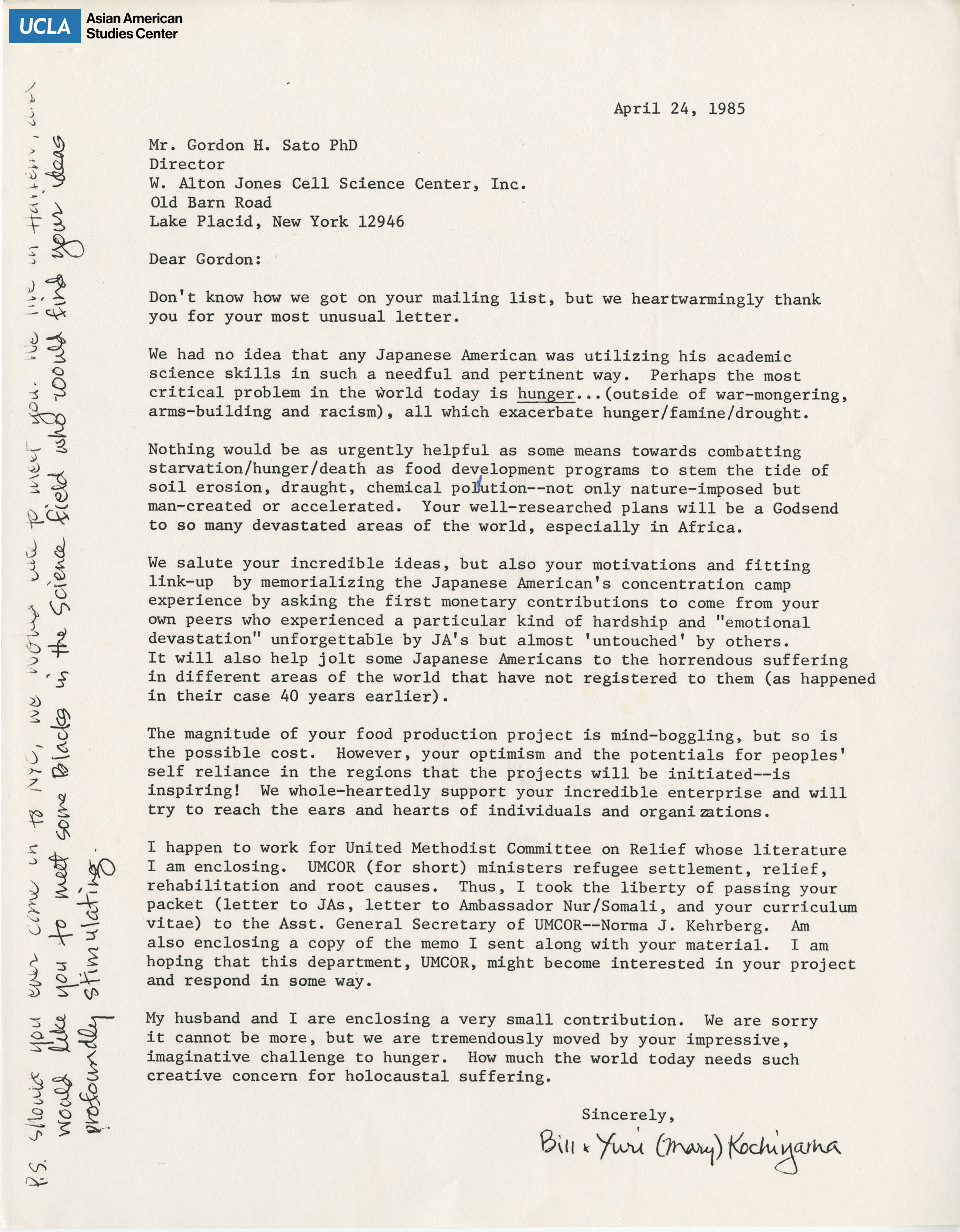 Response letter to Gordon H. Sato on the food production project. Includes a small contribution to the project.