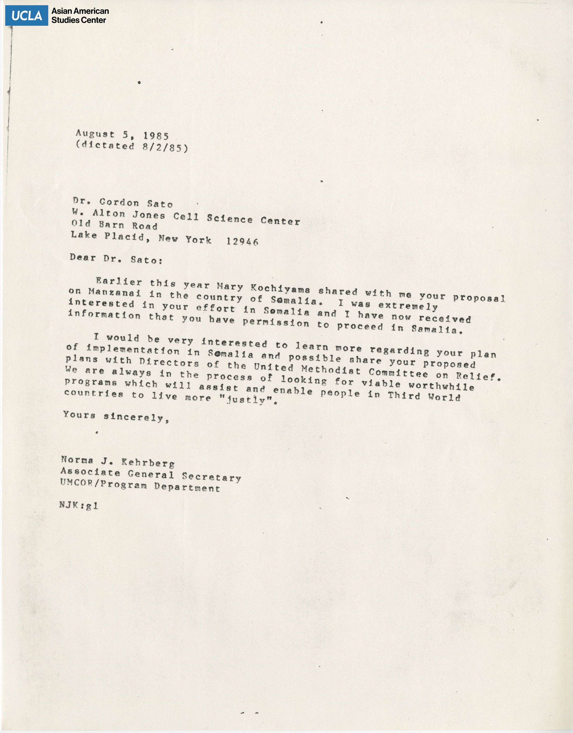 Response letter to Gordon H. Sato from Norma J. Kehrberg, Associate General Secretary of UMCOR. Kehrberg shows interest in learning the implementation of the food production plan in Somalia.