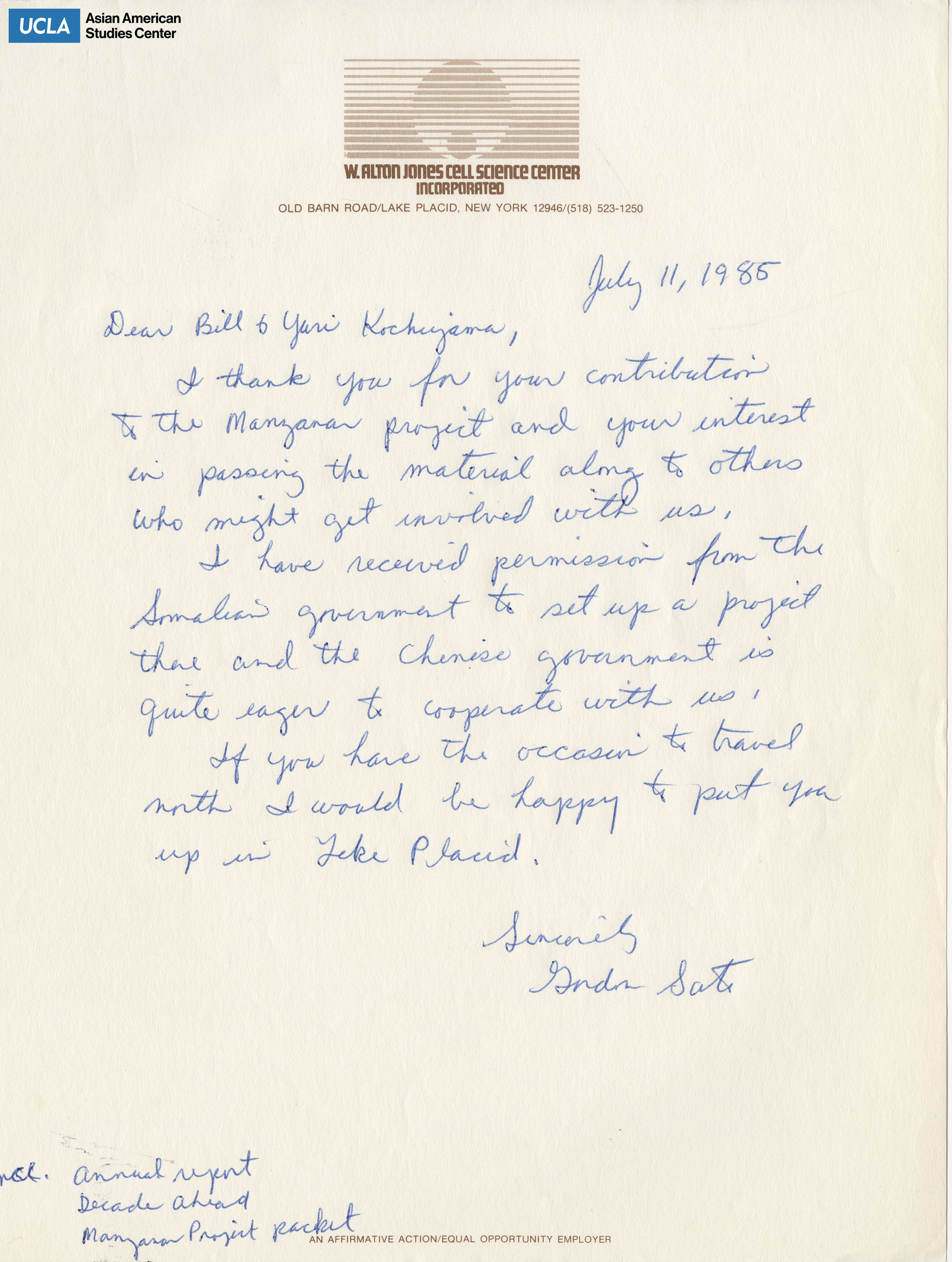 Response letter giving thanks to Bill and Yuri Kochiyma on their contribution and interests in the Manzanar Project.