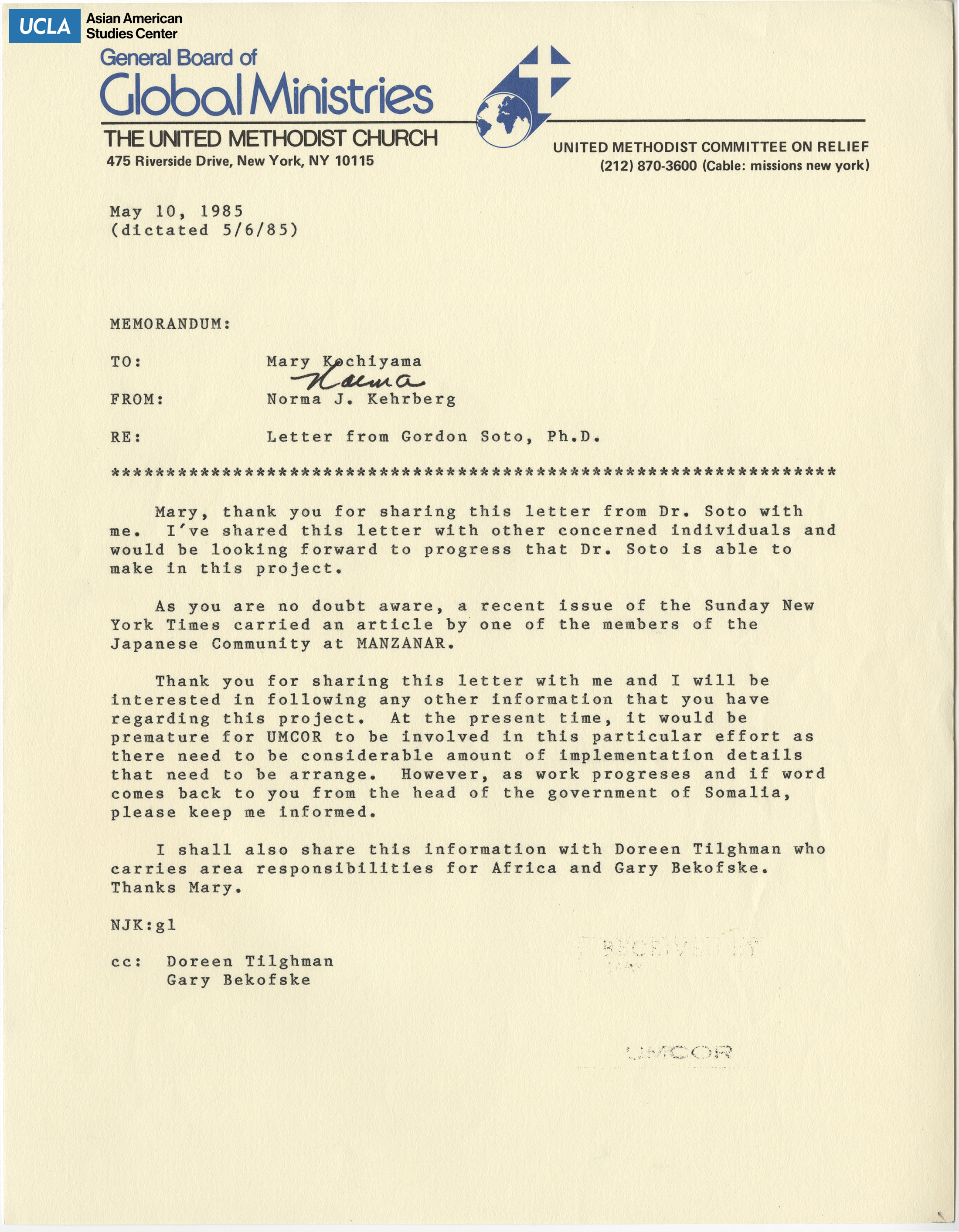 Response letter addressed to Yuri Kochiyama from Norma J. Kehrberg, Associate general Secretary of UMCOR. Kehrberg shows interests in Manzanar Project, but may be too premature for UMCOR to be involved.