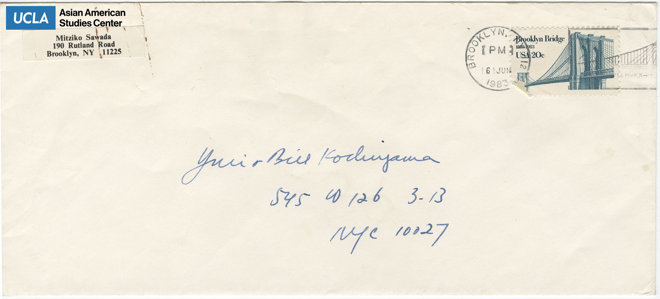 Envelope addressed to Yuri and Bill Kochiyama from Mitziko Sawada. Postmarked on June 6, 1983.