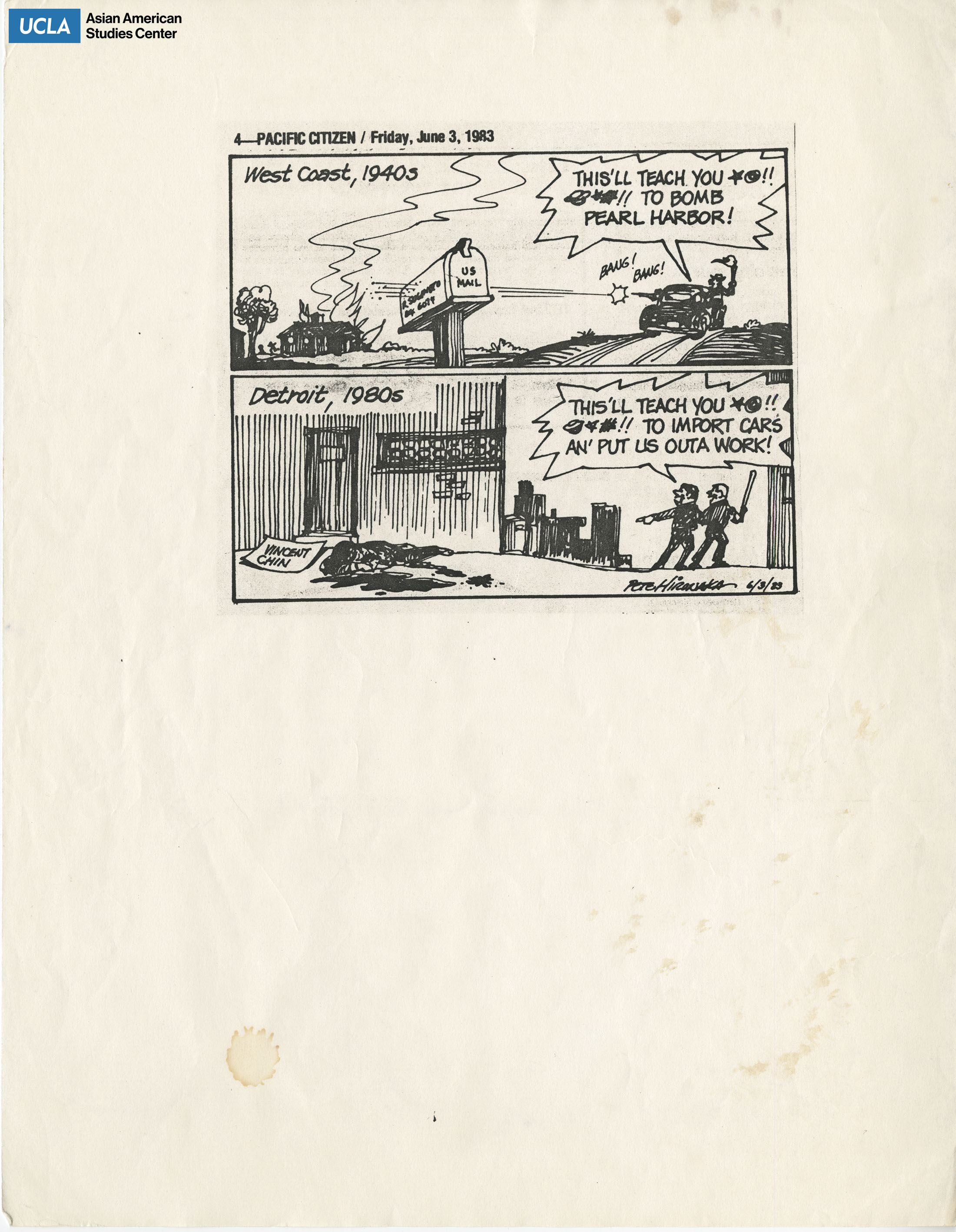Photocopy of comic strip from Pacific Citizen.