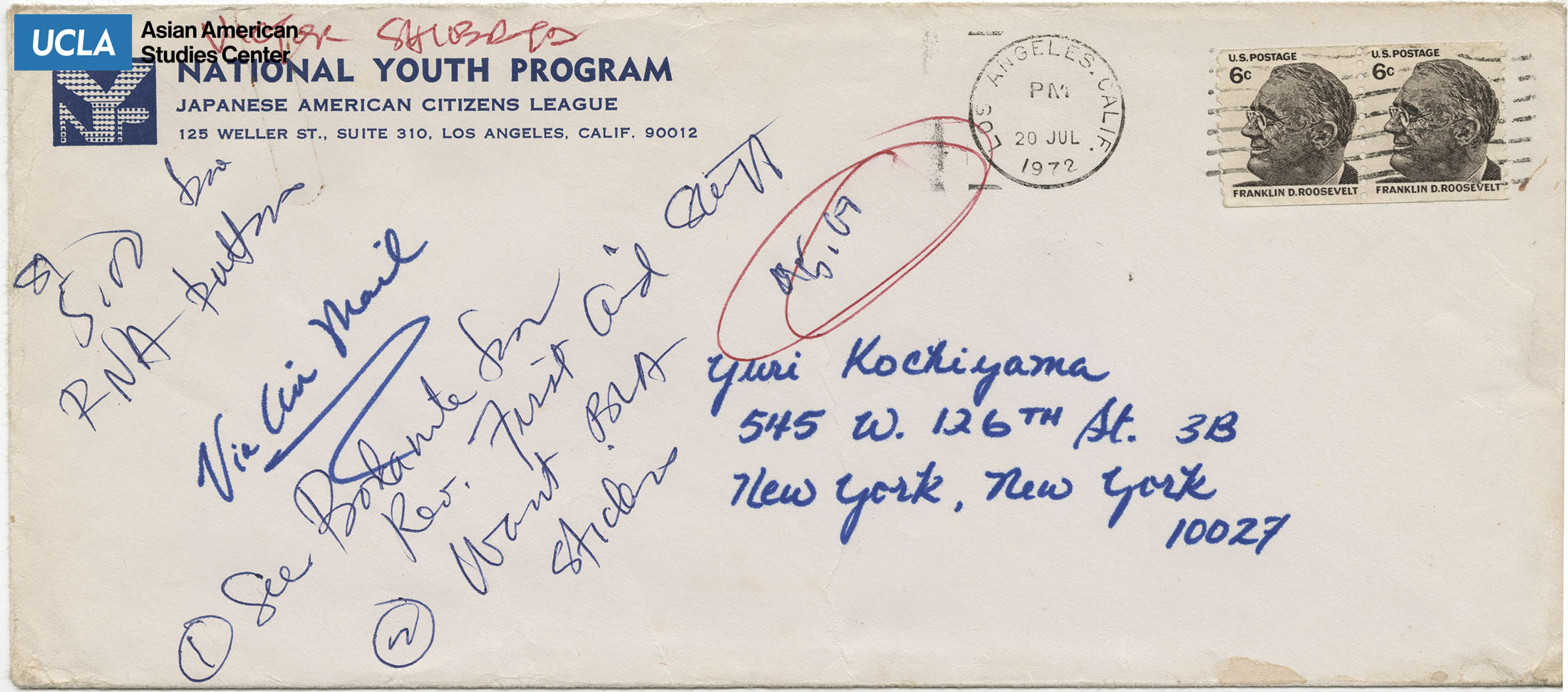 Envelope addressed to Yuri Kochiyama from Victor. Postmarked July 20, 1972.