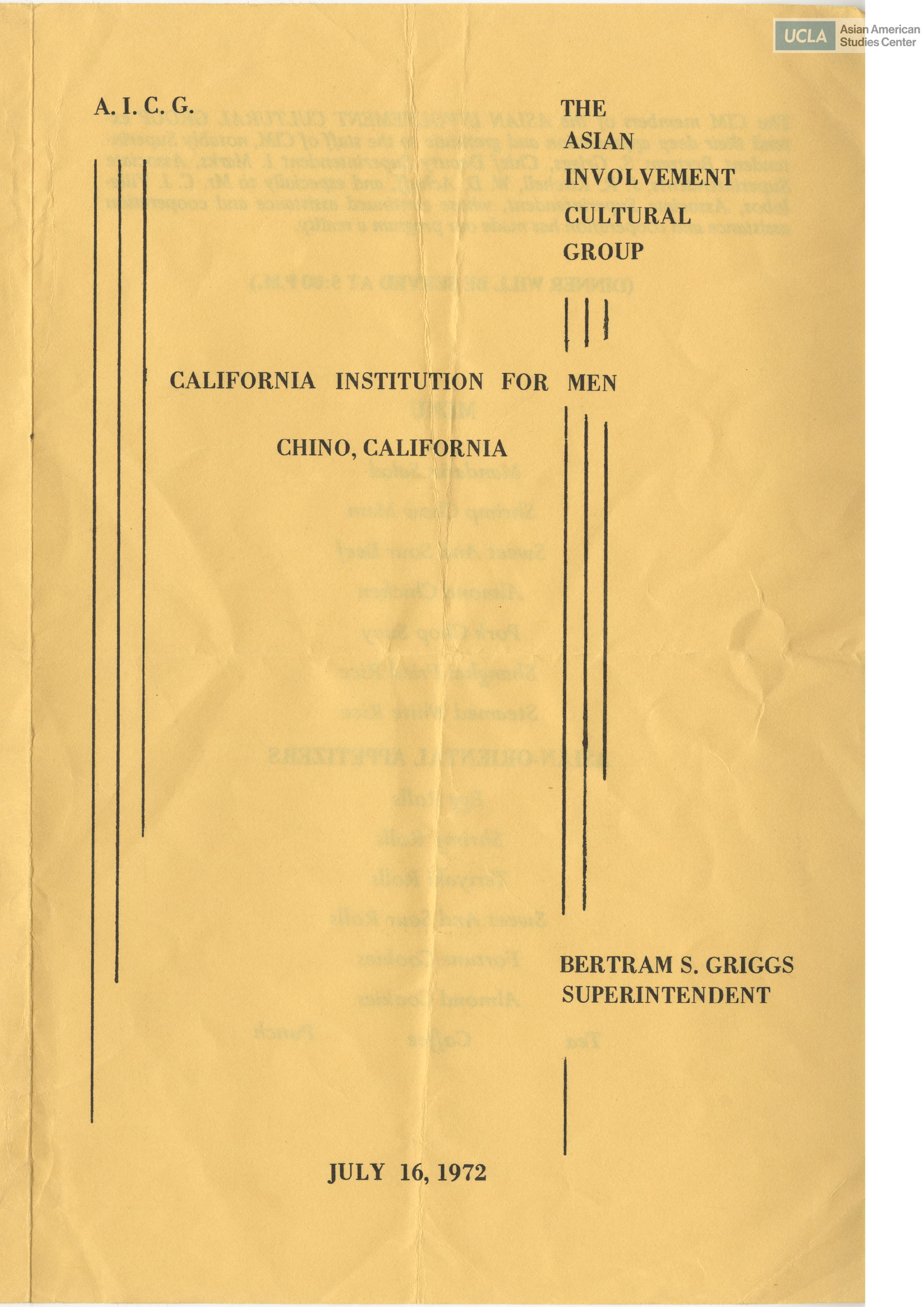 Leaflet regarding the Asian Involvement Cultural Group (A.I.C.G.) at the California Institution for Men at Chino, California. Includes menu, programs, and members involved.