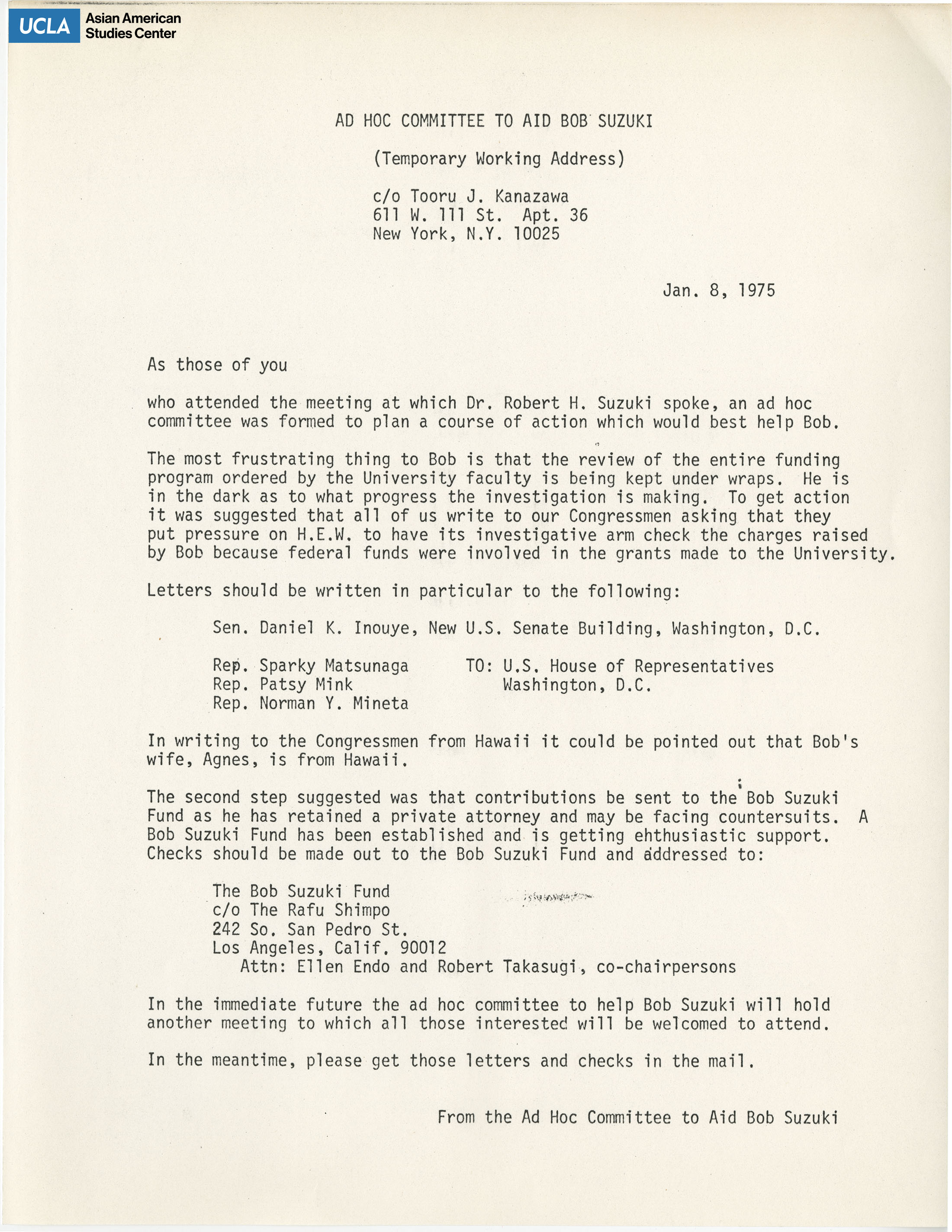 Letter in regards to aiding Bob Suzuki by writing to their Congressmen.