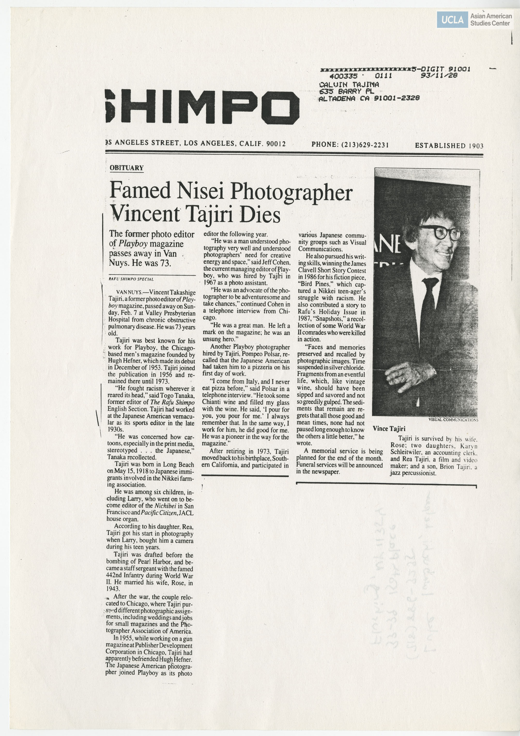 Obituary on Vincent Takashige Tajiri, former photo editor of Playboy magazine.