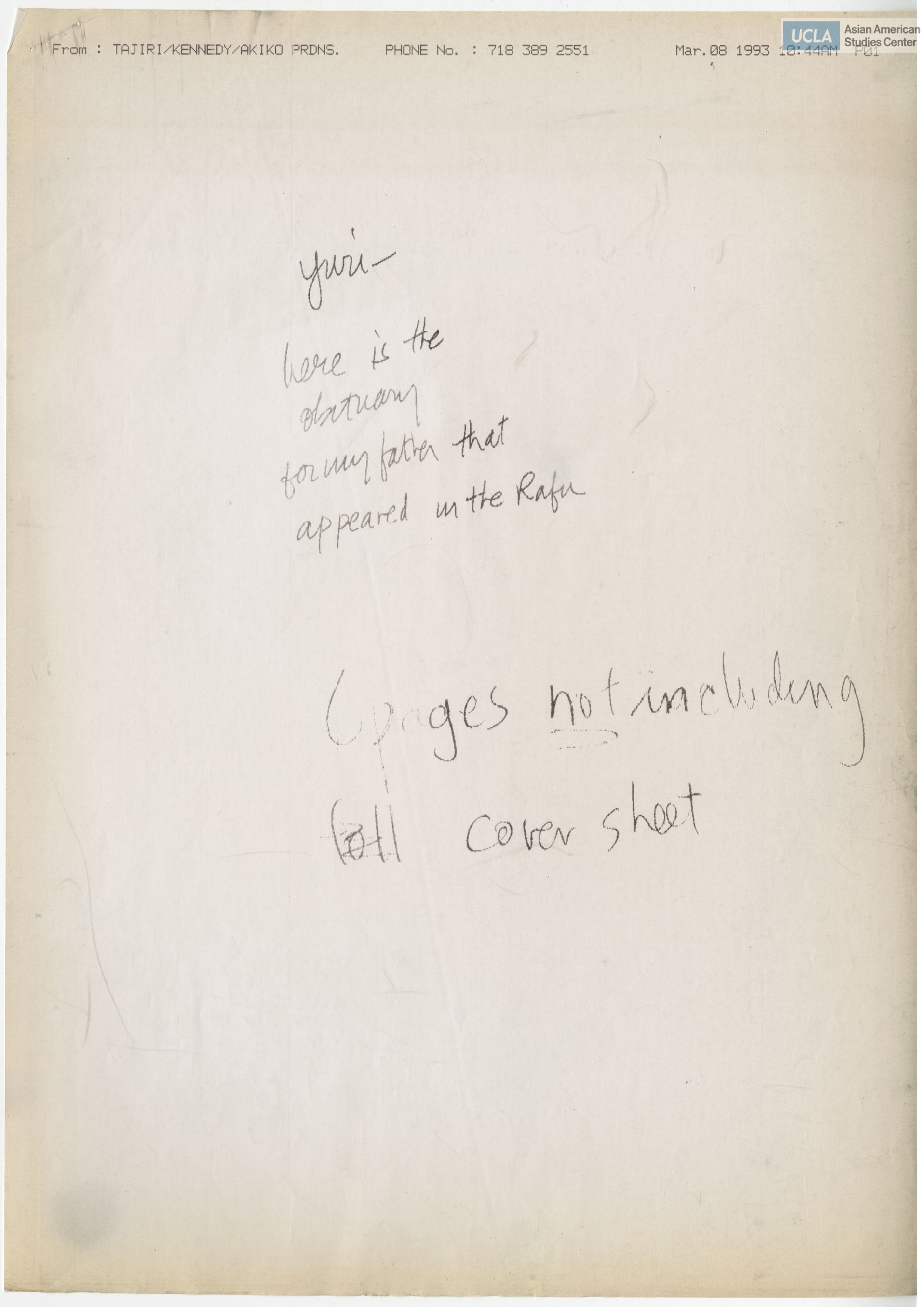 Memorial service and obituaries regarding Vincent Taskashige Tajiri. Includes correspondence with Yuri Kochiyama and Bill Hosokawa.