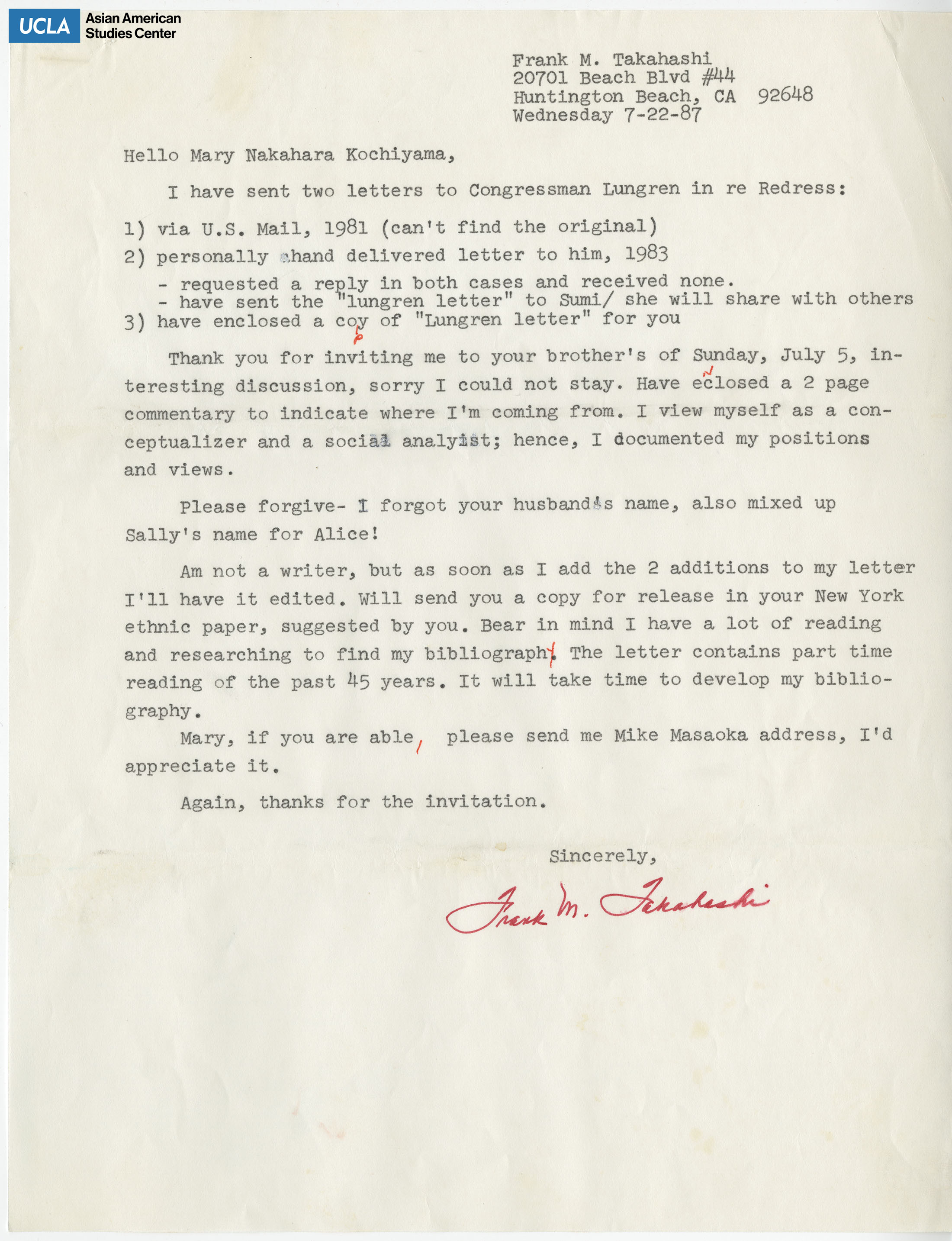 Letter addressed to Yuri Kochiyama on letters of redress to Congressman Lungren.