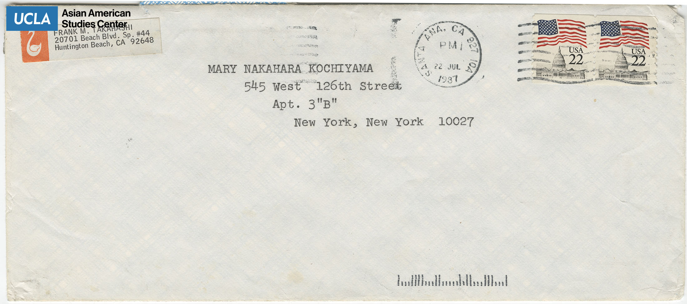 Envelope addressed to Yuri Kochiyama from Frank M. Takahashi. Postmarked on July 22, 1987.